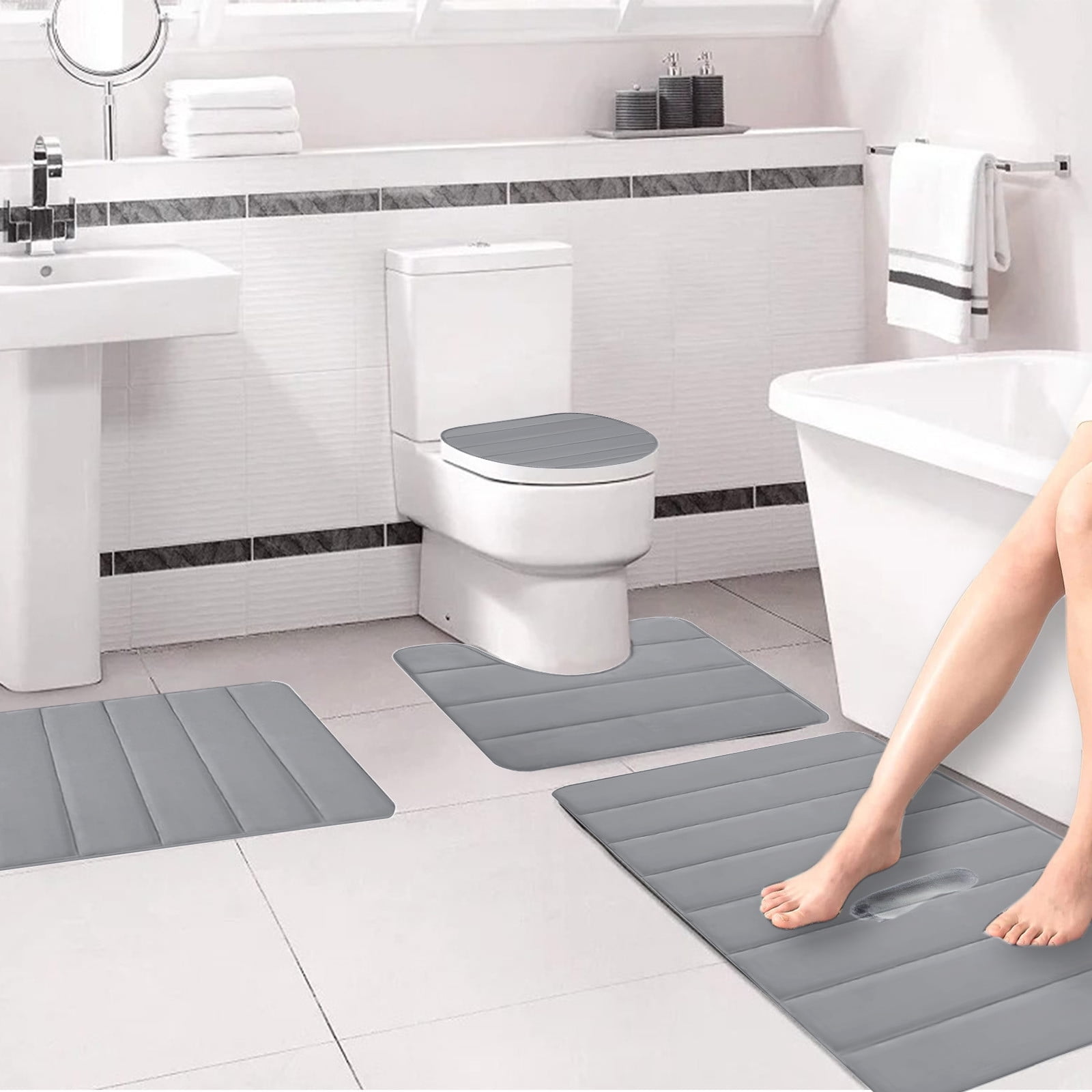 Xuniizn Bathroom Rugs Sets 4 Piece, Bath Mat Set and Oval Toilet Base with Rubber Backing, Plush Absorbent Shaggy Chenille Washable Mats, Includes 16x24