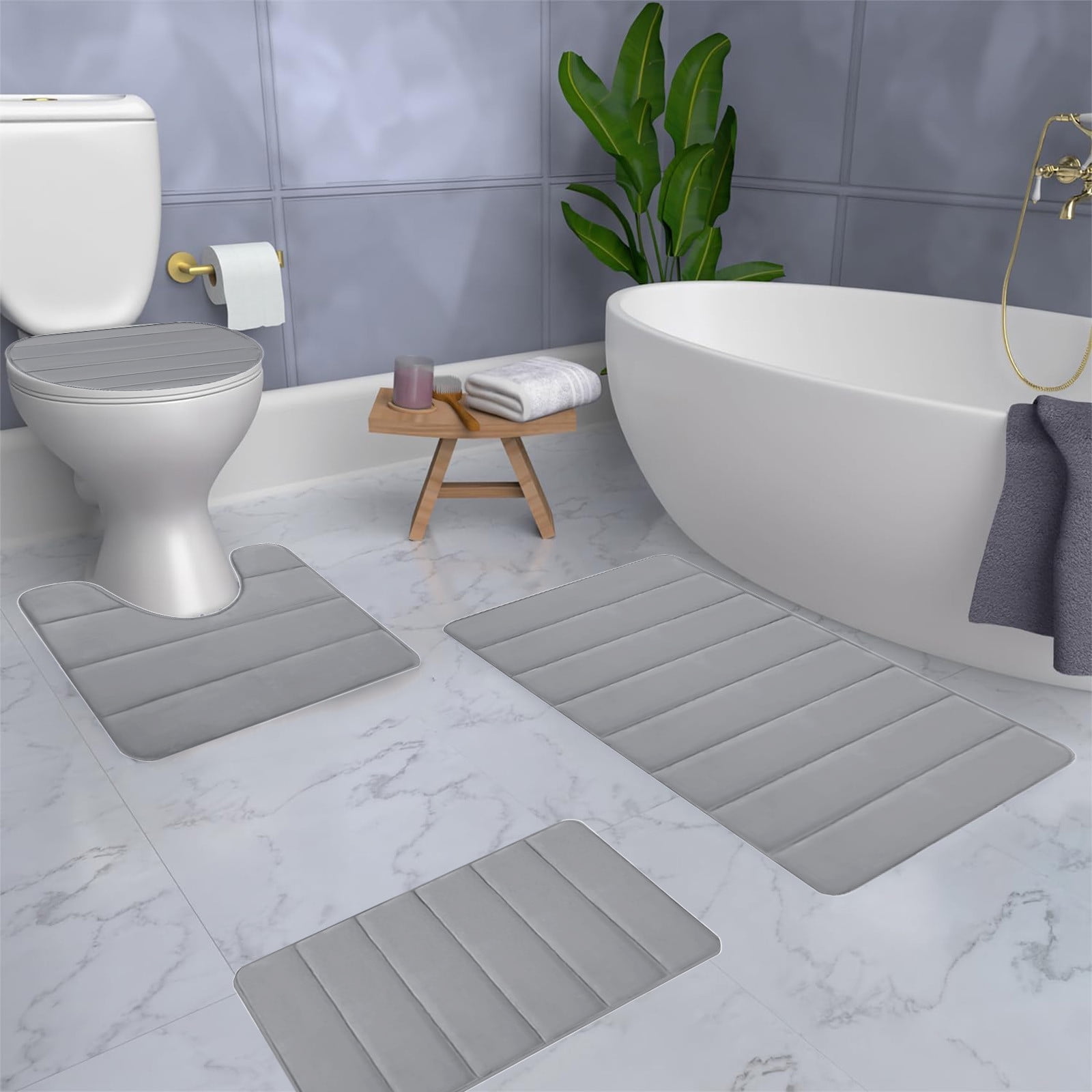 Xuniizn Bathroom Rugs Sets 4 Piece, Bath Mat Set and Oval Toilet Base with Rubber Backing, Plush Absorbent Shaggy Chenille Washable Mats, Includes 16x24