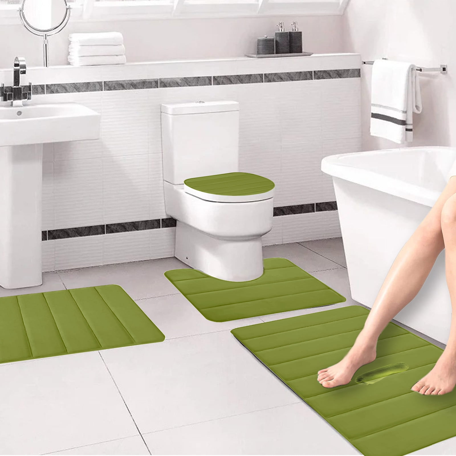 Xuniizn Bathroom Rugs Sets 4 Piece, Bath Mat Set and Oval Toilet Base with Rubber Backing, Plush Absorbent Shaggy Chenille Washable Mats, Includes 16x24