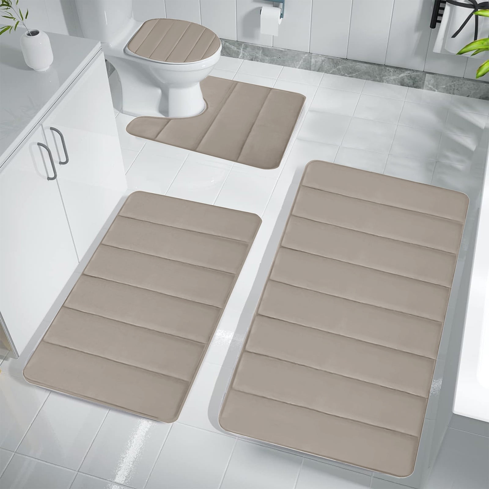 Xuniizn Bathroom Rugs Sets 4 Piece, Bath Mat Set and Oval Toilet Base with Rubber Backing, Plush Absorbent Shaggy Chenille Washable Mats, Includes 16x24
