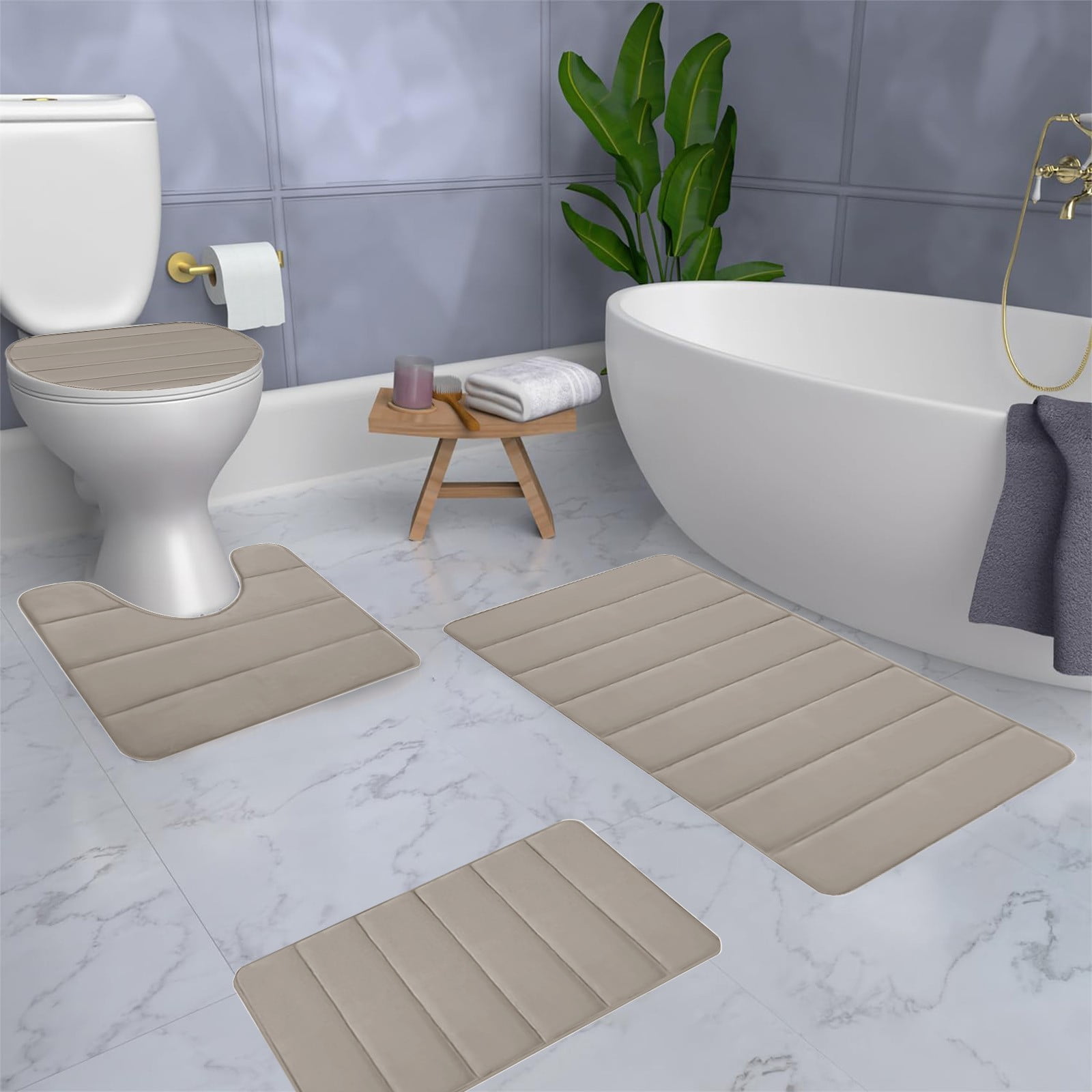 Xuniizn Bathroom Rugs Sets 4 Piece, Bath Mat Set and Oval Toilet Base with Rubber Backing, Plush Absorbent Shaggy Chenille Washable Mats, Includes 16x24