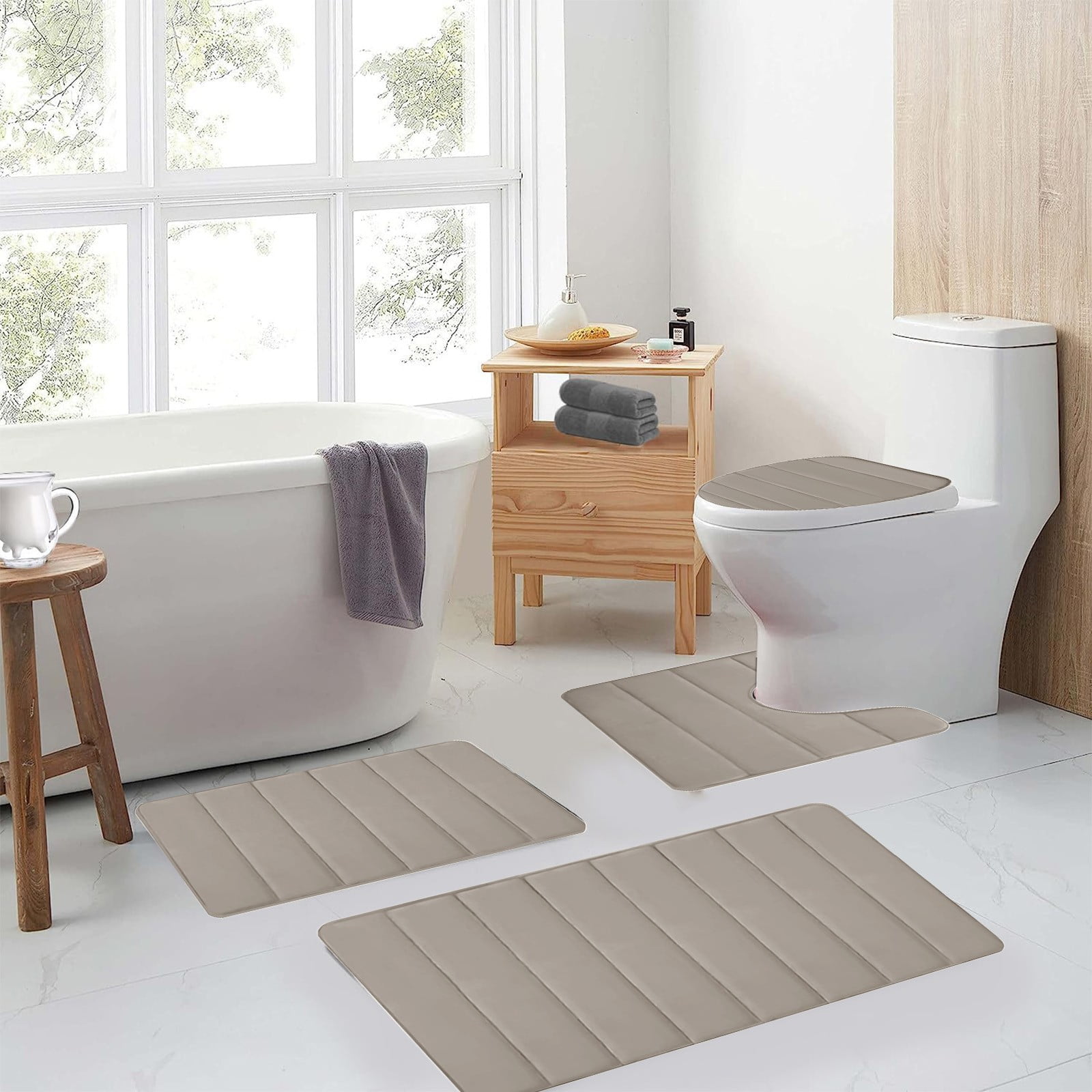 Xuniizn Bathroom Rugs Sets 4 Piece, Bath Mat Set and Oval Toilet Base with Rubber Backing, Plush Absorbent Shaggy Chenille Washable Mats, Includes 16x24