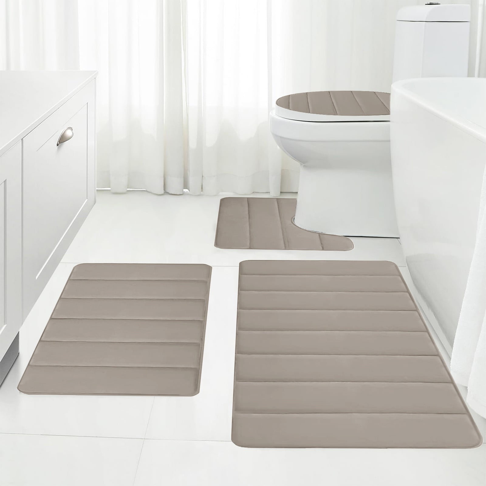 Xuniizn Bathroom Rugs Sets 4 Piece, Bath Mat Set and Oval Toilet Base with Rubber Backing, Plush Absorbent Shaggy Chenille Washable Mats, Includes 16x24