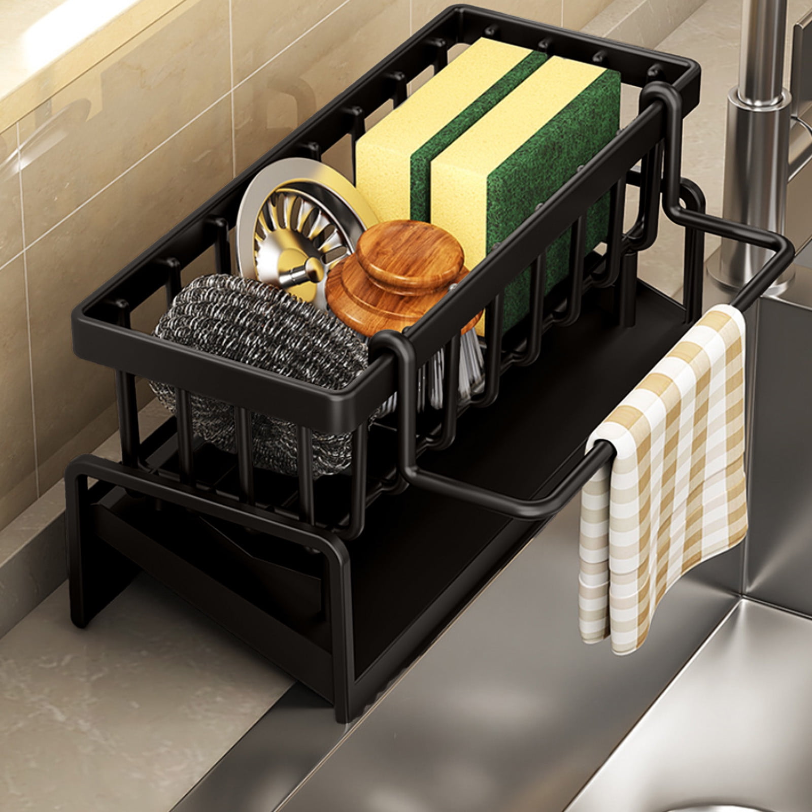 PALIFEUR Sponge Holder for Kitchen Sink, Kitchen Sink Organizer Rustproof 304 Stainless Steel Detachable Dishcloth Rack Sink Caddy, Kitchen Sponge Holder Bathroom Organizer Brush Holder Storage Black - Image 3
