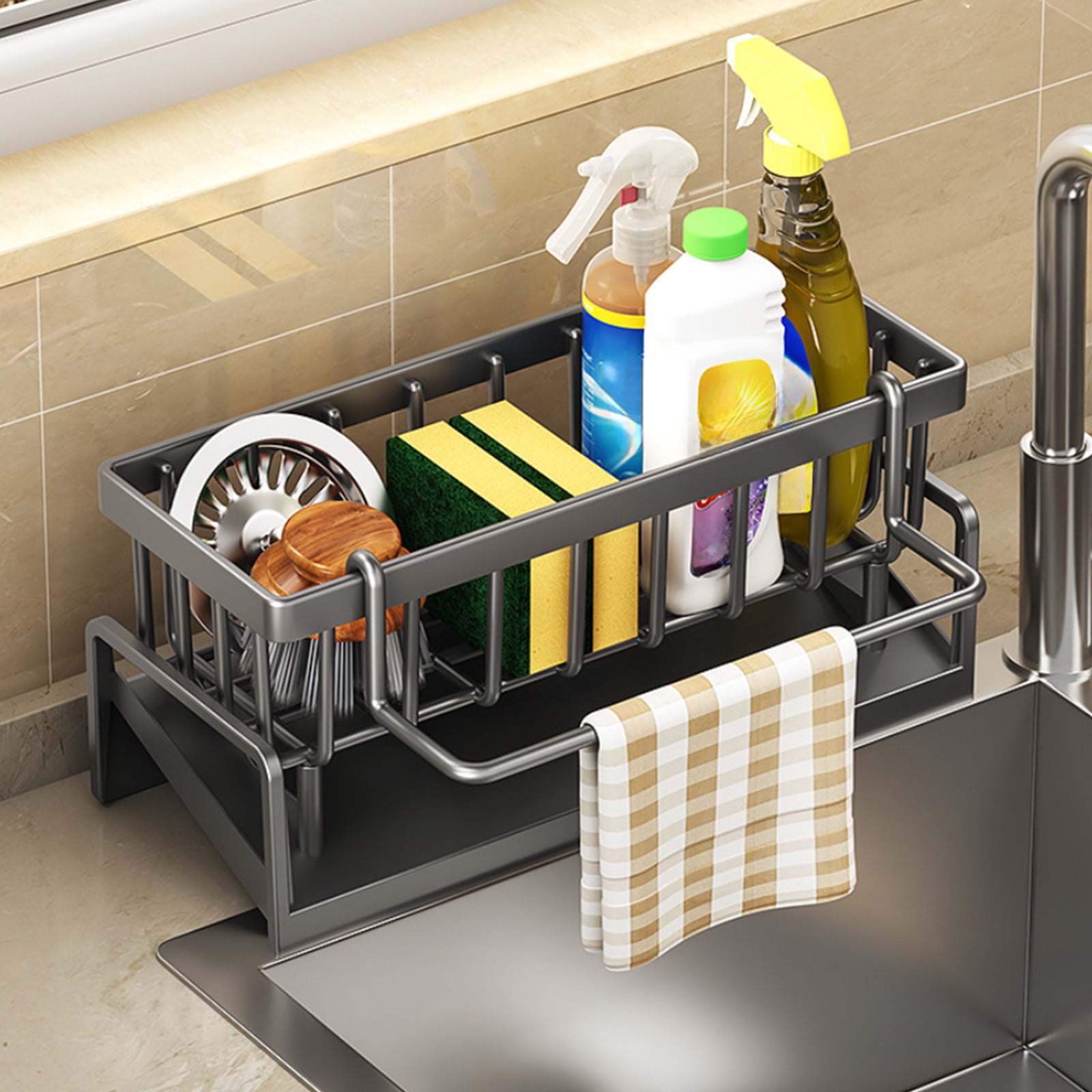 PALIFEUR Sponge Holder for Kitchen Sink, Kitchen Sink Organizer Rustproof 304 Stainless Steel Detachable Dishcloth Rack Sink Caddy, Kitchen Sponge Holder Bathroom Organizer Brush Holder Storage Gray - Image 1