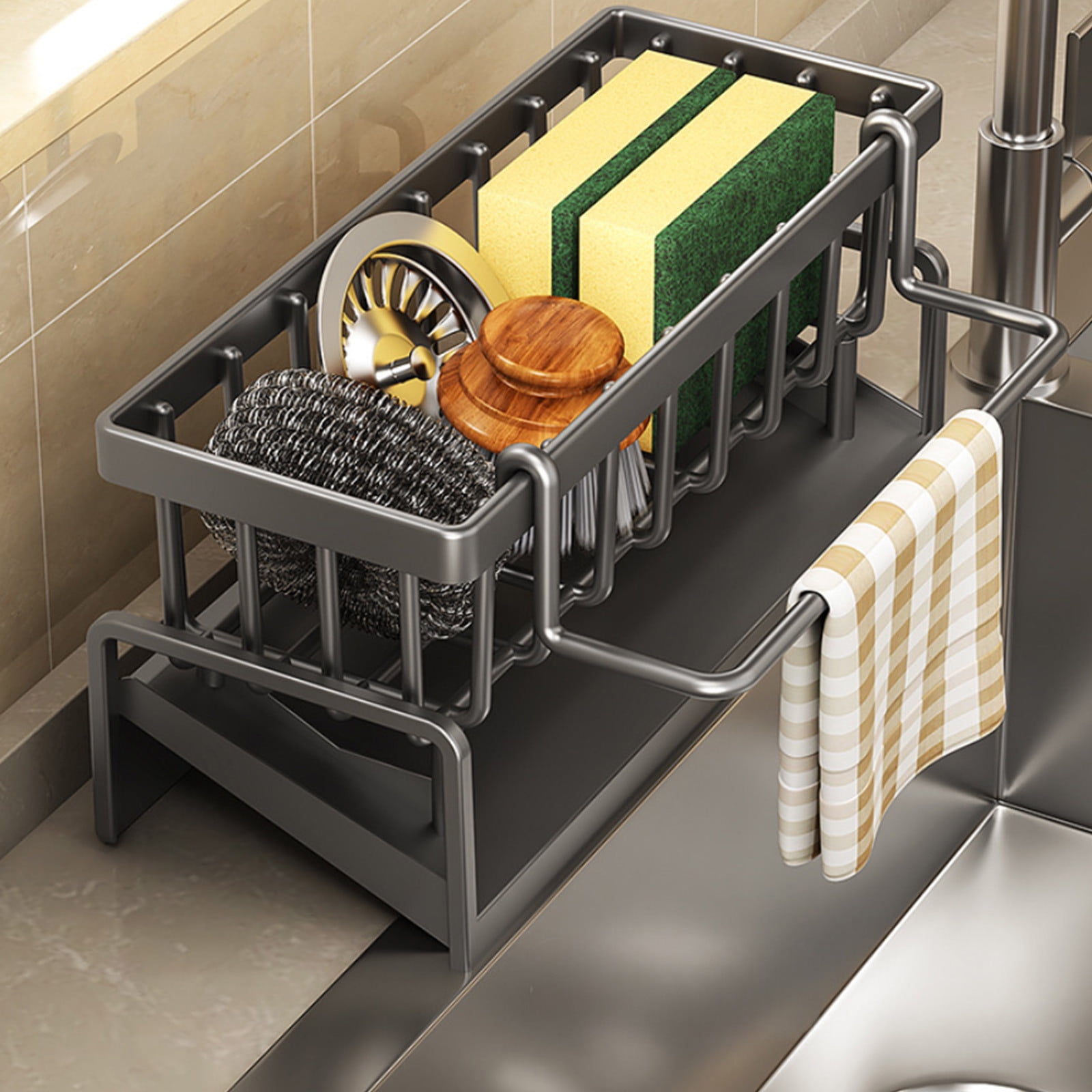 PALIFEUR Sponge Holder for Kitchen Sink, Kitchen Sink Organizer Rustproof 304 Stainless Steel Detachable Dishcloth Rack Sink Caddy, Kitchen Sponge Holder Bathroom Organizer Brush Holder Storage Gray - Image 8