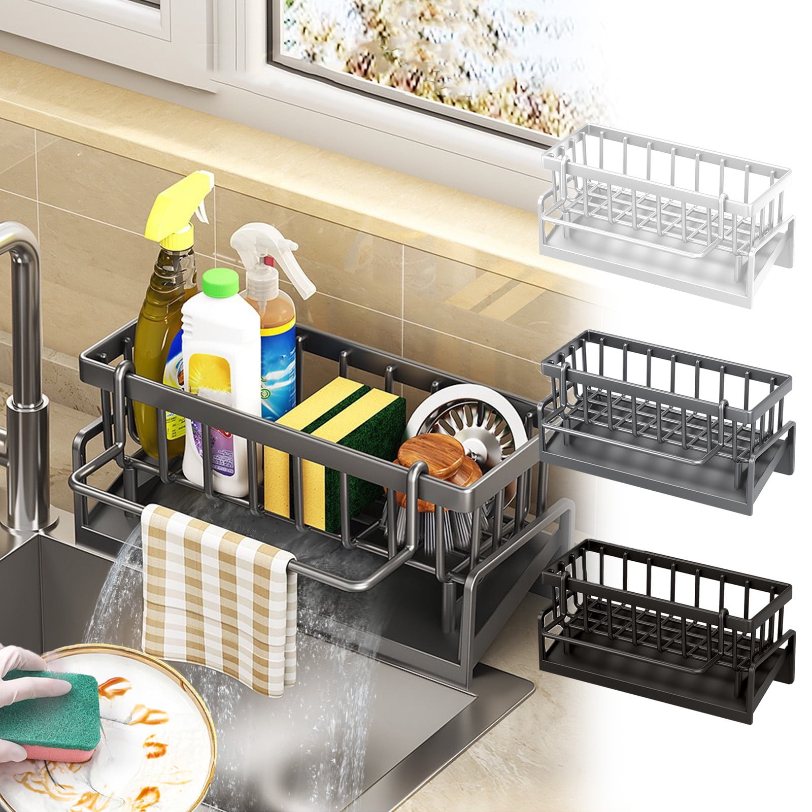 PALIFEUR Sponge Holder for Kitchen Sink, Kitchen Sink Organizer Rustproof 304 Stainless Steel Detachable Dishcloth Rack Sink Caddy, Kitchen Sponge Holder Bathroom Organizer Brush Holder Storage White - Image 1