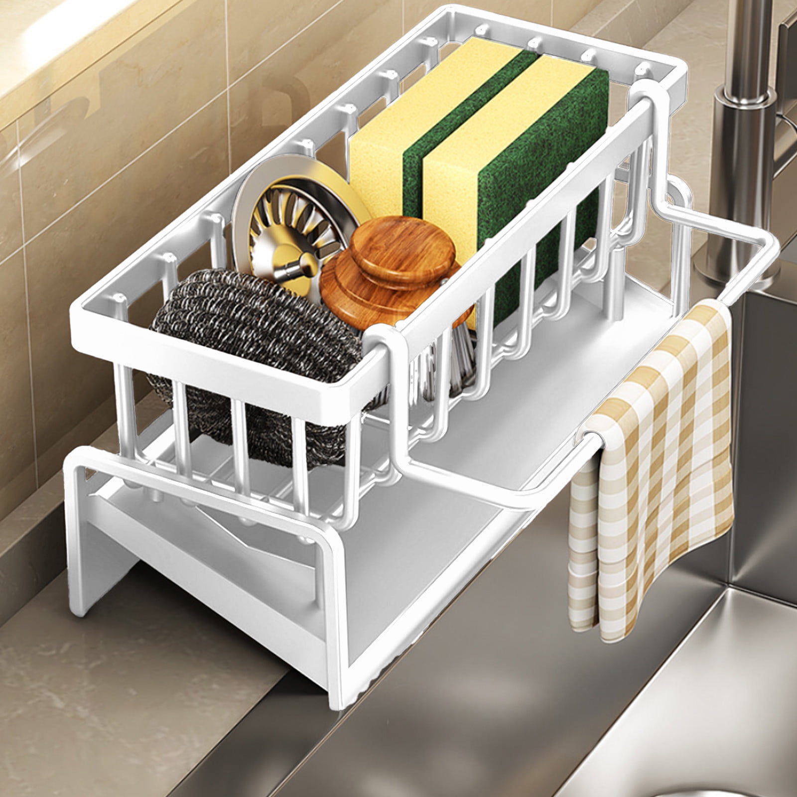 PALIFEUR Sponge Holder for Kitchen Sink, Kitchen Sink Organizer Rustproof 304 Stainless Steel Detachable Dishcloth Rack Sink Caddy, Kitchen Sponge Holder Bathroom Organizer Brush Holder Storage White - Image 3