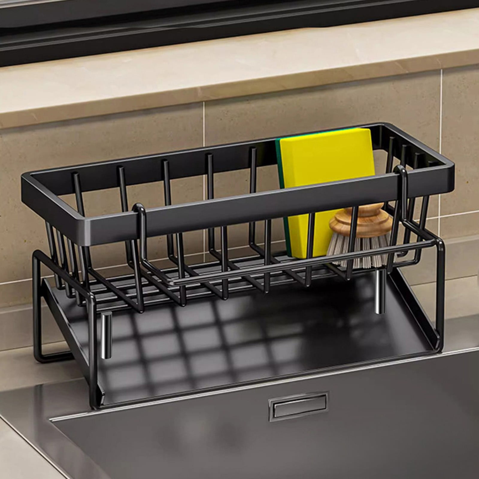 PALIFEUR Sponge Holder for Kitchen Sink, Kitchen Sink Organizer Rustproof 304 Stainless Steel Detachable Dishcloth Rack Sink Caddy, Kitchen Sponge Holder Bathroom Organizer Brush Holder Storage XA_#Black - Image 1