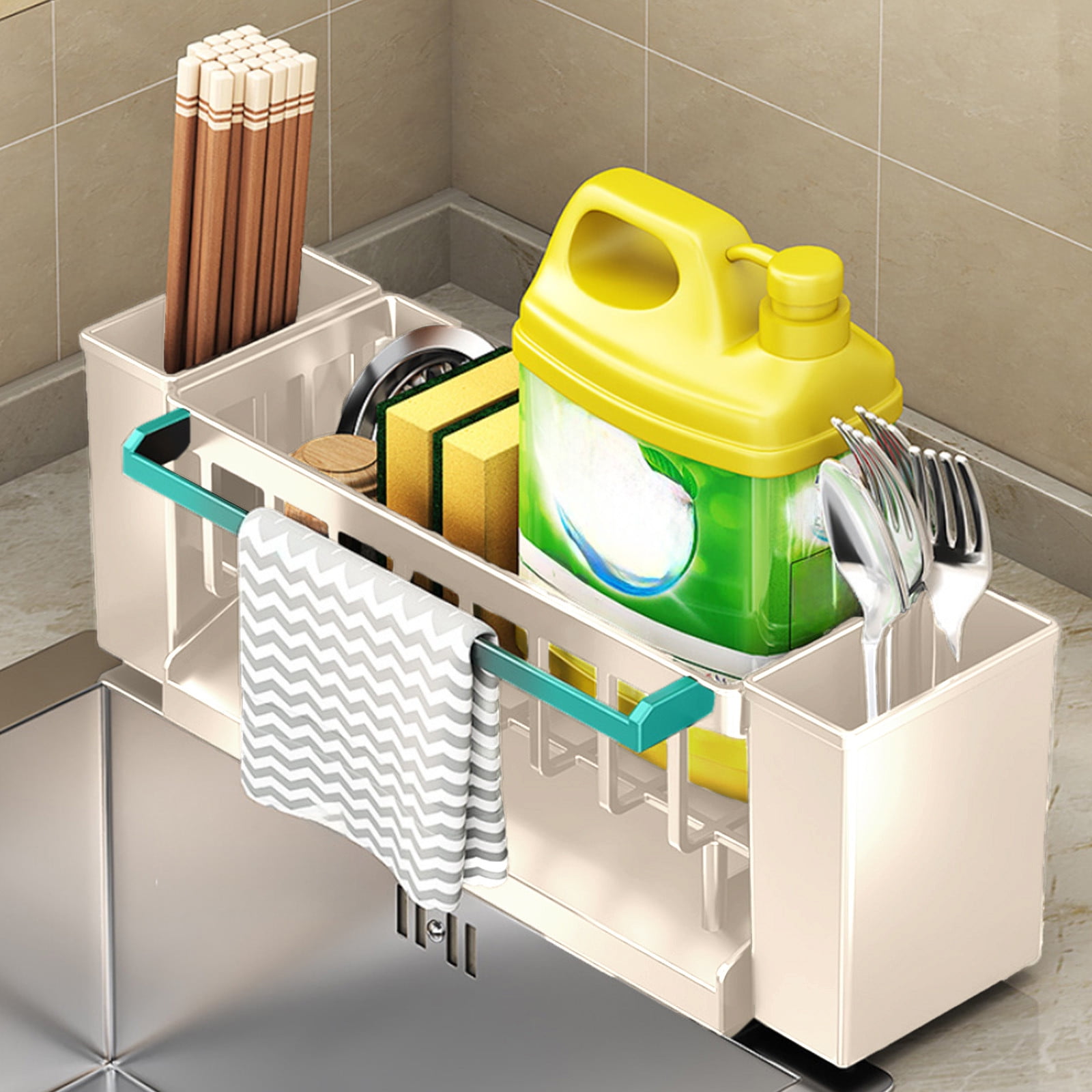 PALIFEUR Sponge Holder for Kitchen Sink, Kitchen Sink Organizer Rustproof 304 Stainless Steel Detachable Dishcloth Rack Sink Caddy, Kitchen Sponge Holder Bathroom Organizer Brush Holder Storage XB_#Beige - Image 4