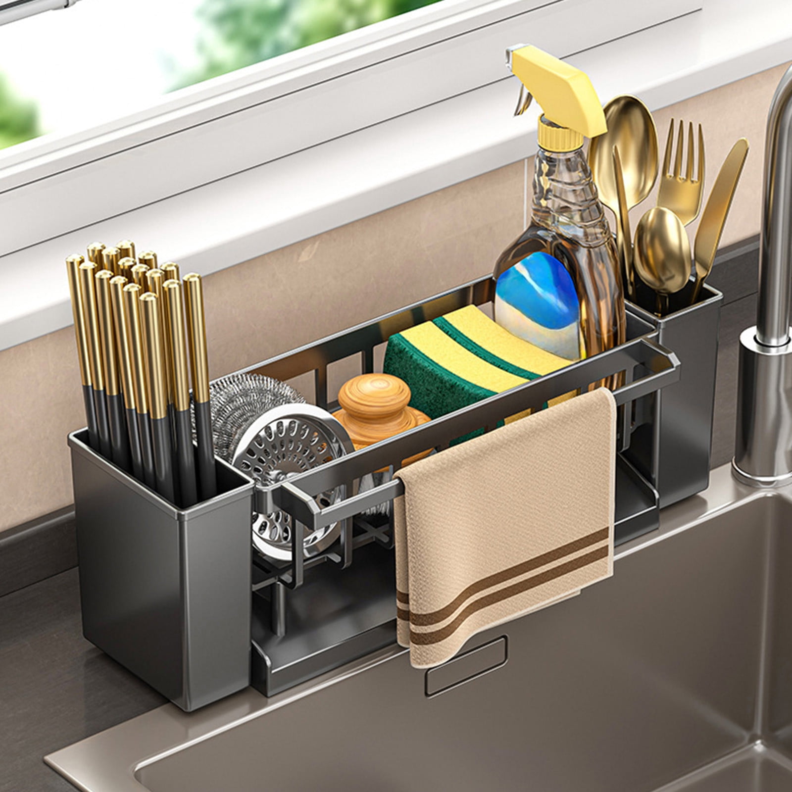 PALIFEUR Sponge Holder for Kitchen Sink, Kitchen Sink Organizer Rustproof 304 Stainless Steel Detachable Dishcloth Rack Sink Caddy, Kitchen Sponge Holder Bathroom Organizer Brush Holder Storage XB_#Gray - Image 1
