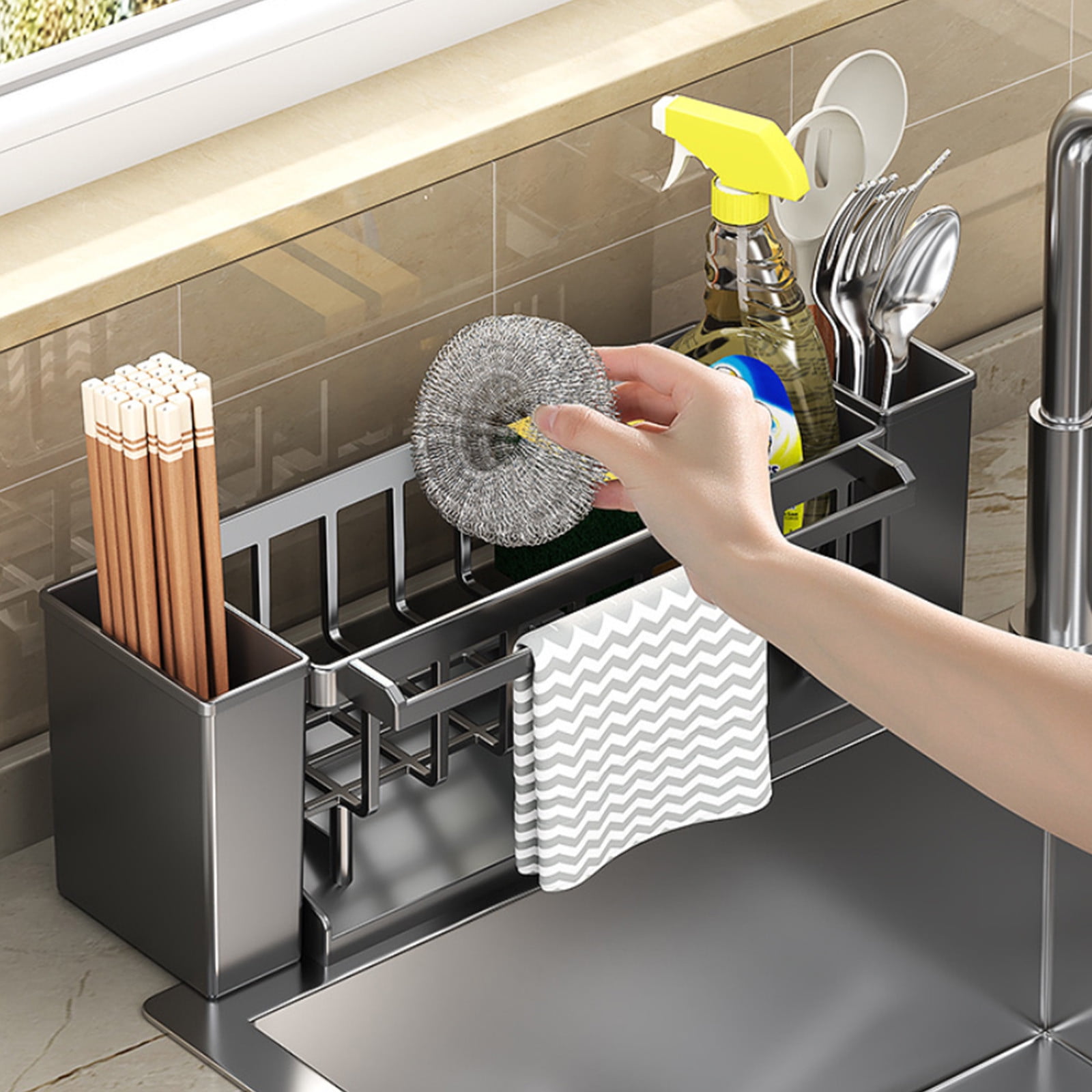 PALIFEUR Sponge Holder for Kitchen Sink, Kitchen Sink Organizer Rustproof 304 Stainless Steel Detachable Dishcloth Rack Sink Caddy, Kitchen Sponge Holder Bathroom Organizer Brush Holder Storage XB_#Gray - Image 5