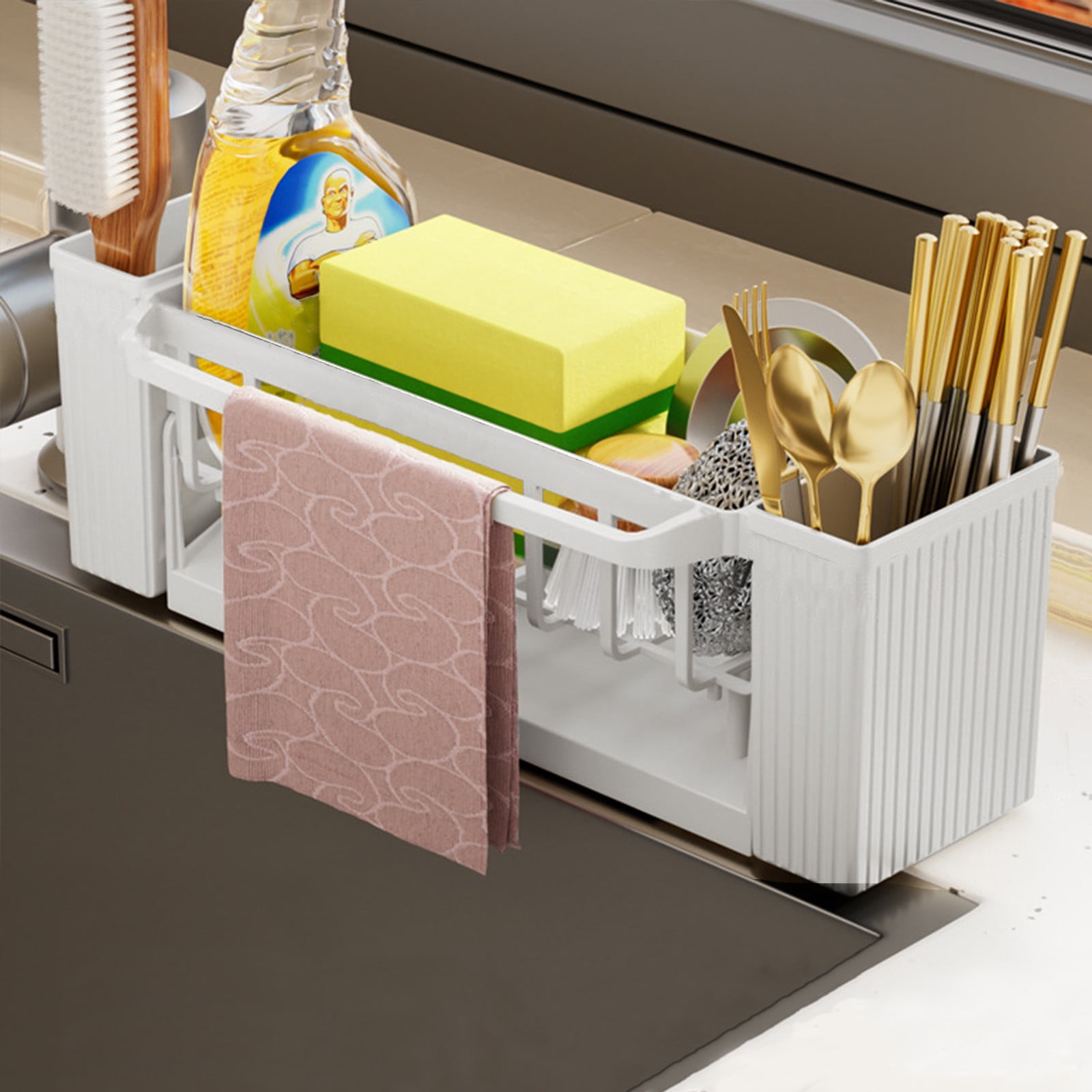 Kitchen sink sponge rack, kitchen sink storage rack, rust-proof detachable dishcloth rack, sink storage rack, kitchen sponge rack, bathroom storage rack, brush holder #beige - Image 1