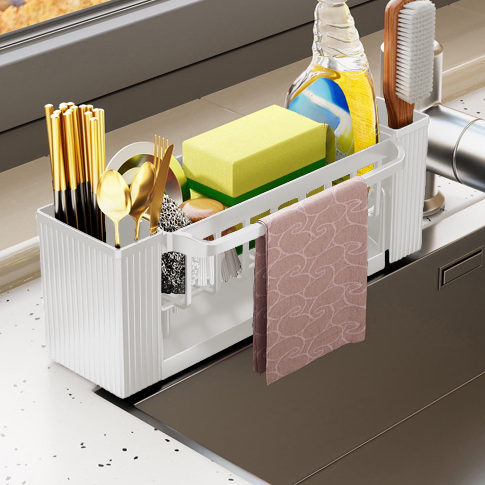 Kitchen sink sponge rack, kitchen sink storage rack, rust-proof detachable dishcloth rack, sink storage rack, kitchen sponge rack, bathroom storage rack, brush holder #beige - Image 6