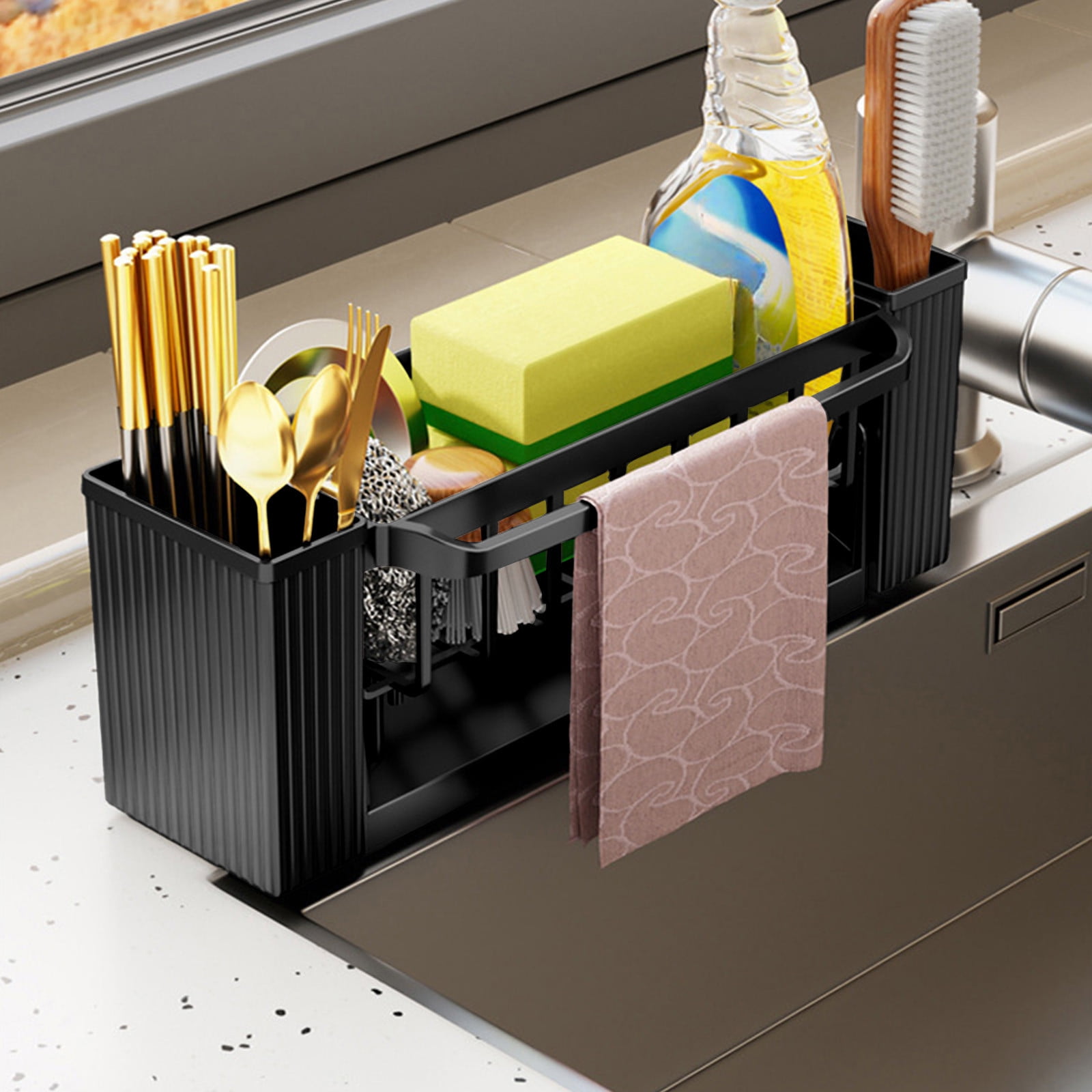 PALIFEUR Sponge Holder for Kitchen Sink, Kitchen Sink Organizer Rustproof 304 Stainless Steel Detachable Dishcloth Rack Sink Caddy, Kitchen Sponge Holder Bathroom Organizer Brush Holder Storage XC_#Black - Image 1