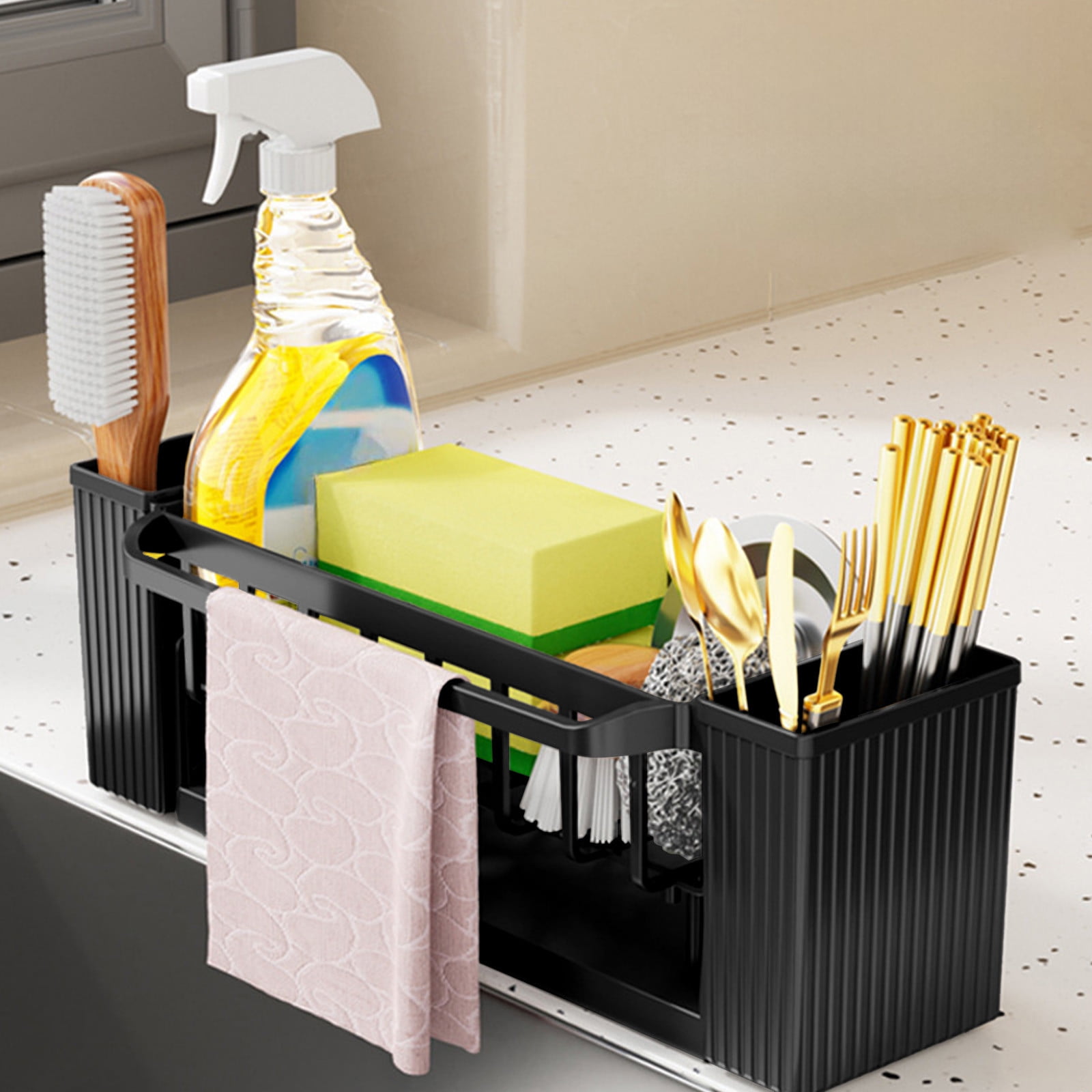 PALIFEUR Sponge Holder for Kitchen Sink, Kitchen Sink Organizer Rustproof 304 Stainless Steel Detachable Dishcloth Rack Sink Caddy, Kitchen Sponge Holder Bathroom Organizer Brush Holder Storage XC_#Black - Image 5