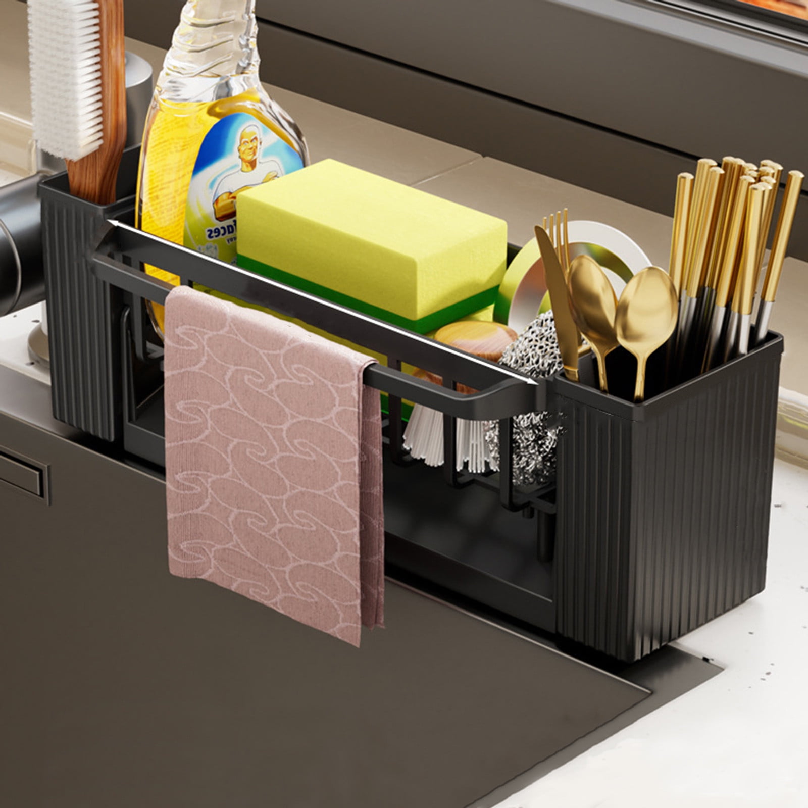 PALIFEUR Sponge Holder for Kitchen Sink, Kitchen Sink Organizer Rustproof 304 Stainless Steel Detachable Dishcloth Rack Sink Caddy, Kitchen Sponge Holder Bathroom Organizer Brush Holder Storage XC_#Black - Image 7