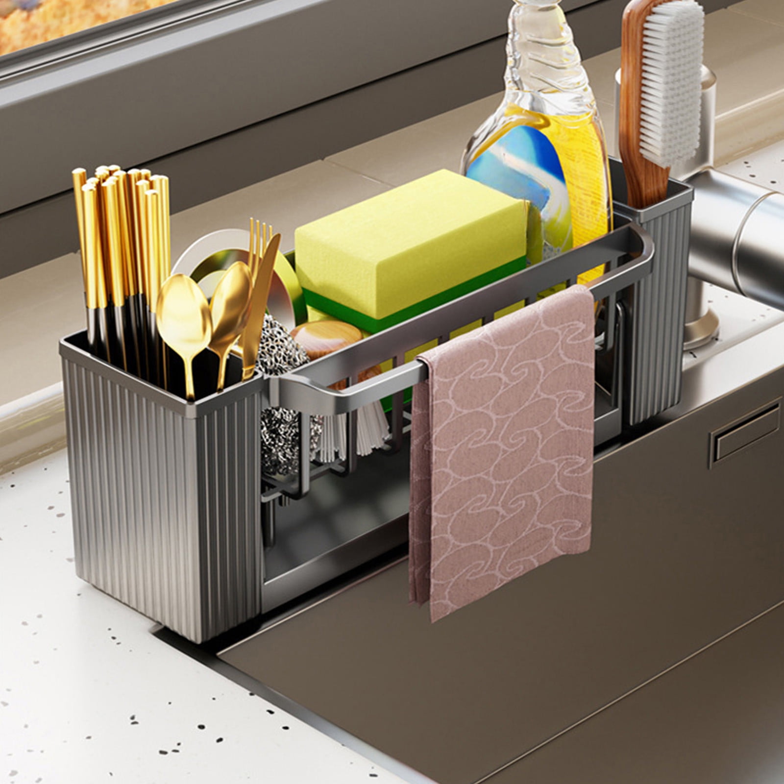 PALIFEUR Sponge Holder for Kitchen Sink, Kitchen Sink Organizer Rustproof 304 Stainless Steel Detachable Dishcloth Rack Sink Caddy, Kitchen Sponge Holder Bathroom Organizer Brush Holder Storage XC_#Gray - Image 1
