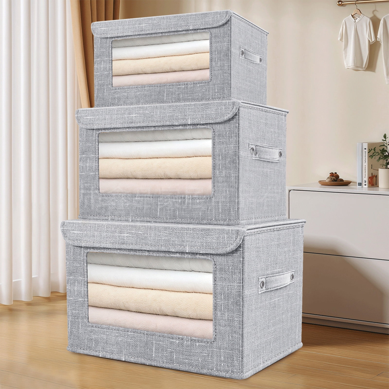 Wzzjkit Clothes Storage Bins, Foldable Storage Bin for Clothes, Clothing Storage Bins with Lid, Linen Storage Box with Clear Window＆ Zippers＆ Sturdy Handles L - Image 1