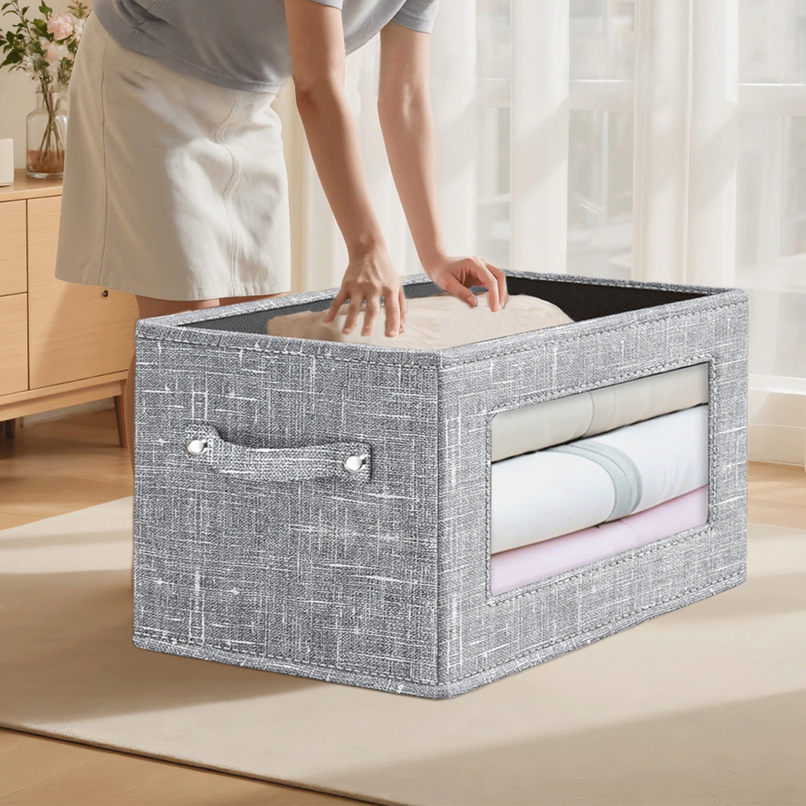 Wzzjkit Clothes Storage Bins, Foldable Storage Bin for Clothes, Clothing Storage Bins with Lid, Linen Storage Box with Clear Window＆ Zippers＆ Sturdy Handles L - Image 3