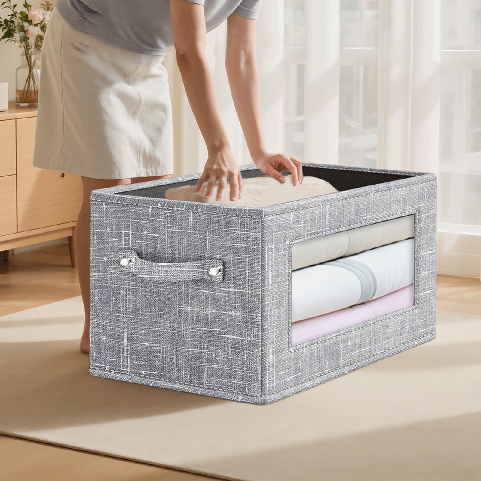 Wzzjkit Clothes Storage Bins, Foldable Storage Bin for Clothes, Clothing Storage Bins with Lid, Linen Storage Box with Clear Window＆ Zippers＆ Sturdy Handles M - Image 5