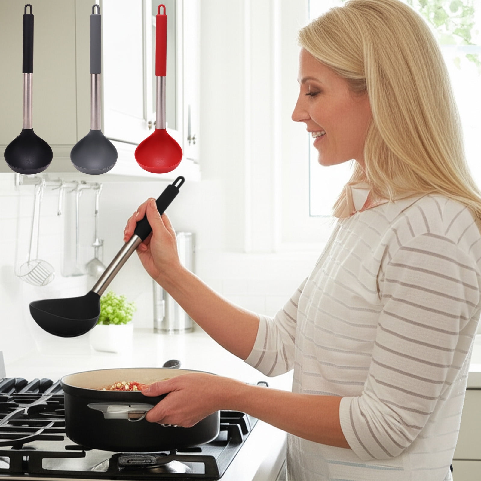 Tyidzon Kitchen Soup Ladle, Heat Resistant Silicone Ladle Lightweight Non Stick Kitchen Tools Spoons for Cooking, Stirring, Serving Soups(Red, 12