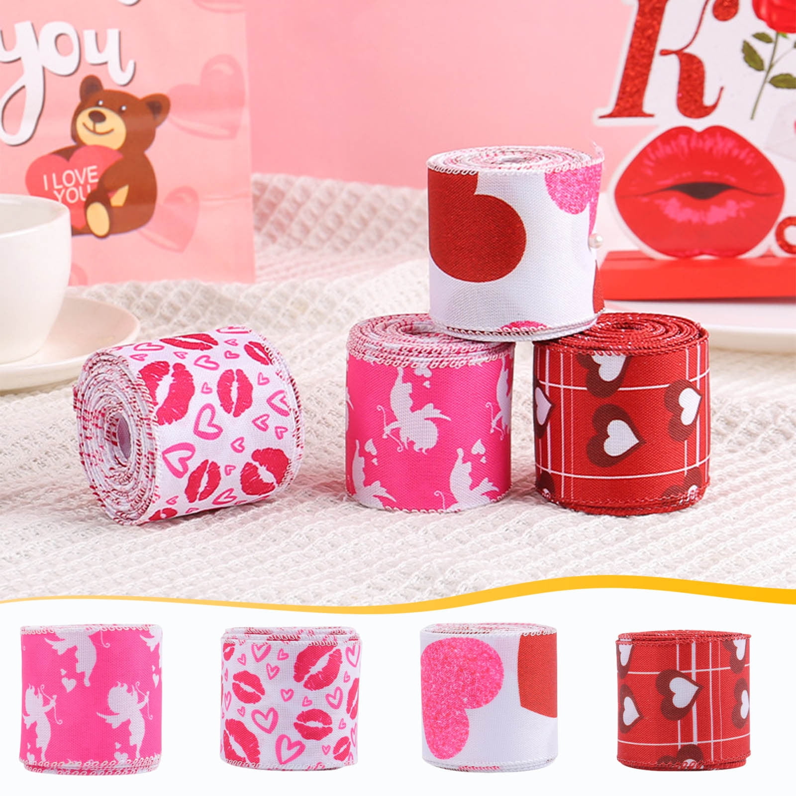 Wzzjkit Valentine Wired Ribbon Heart Love Themed Fabric Ribbons for Gifts Wrapping Crafts Wreath Bow Decorations C - Image 1