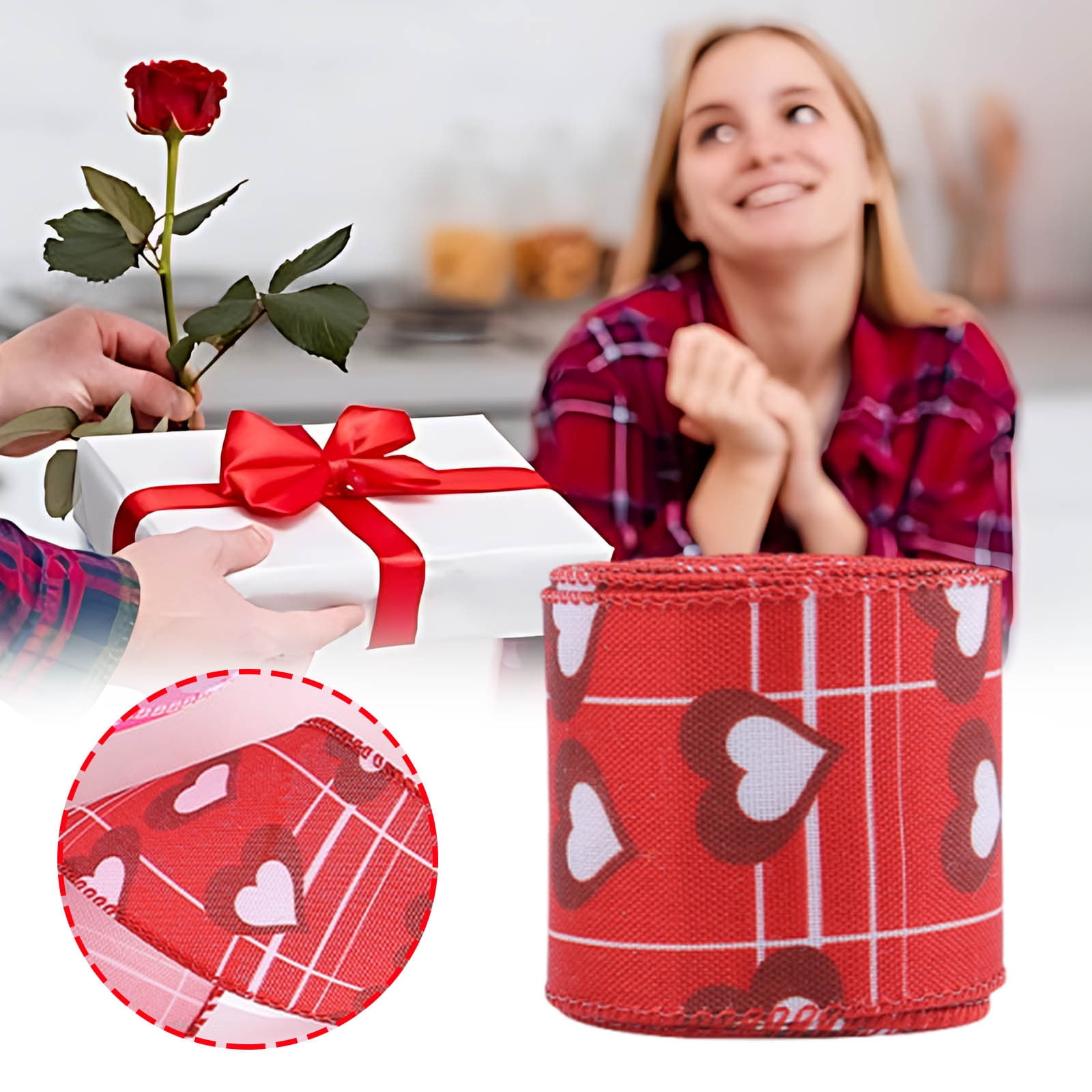 Wzzjkit Valentine Wired Ribbon Heart Love Themed Fabric Ribbons for Gifts Wrapping Crafts Wreath Bow Decorations C - Image 4