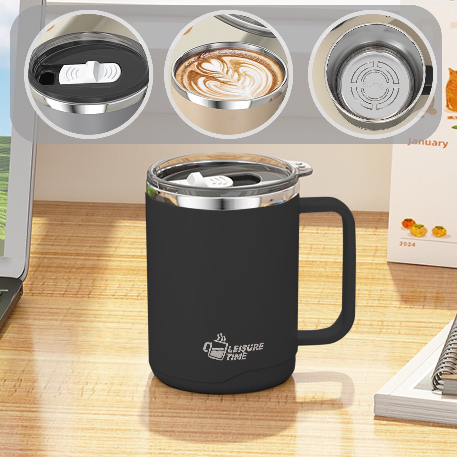 Insulated Coffee Mug with Handle & Lid - 17oz Stainless Steel Travel Tumbler, Double Wall Vacuum (Black) by PALIFEUR 01_【Limited Edition】 2026 New Model Smart Coffee Mug - Image 7