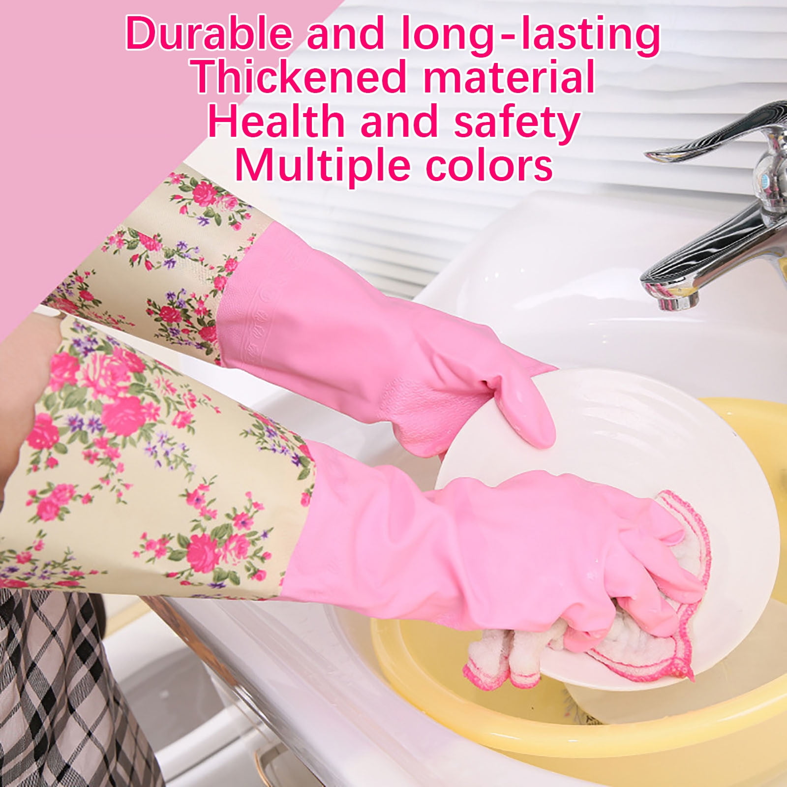 LSLJS Rubber Gloves, Cleaning Gloves, Dishwashing Gloves, Kitchen Gloves for Washing Dishes, Household Reusable Gloves for Cleaning, Dishwasher Safe Flower Print Dish Gloves Medium Pink On Clearance M ABlue-plush - Image 4