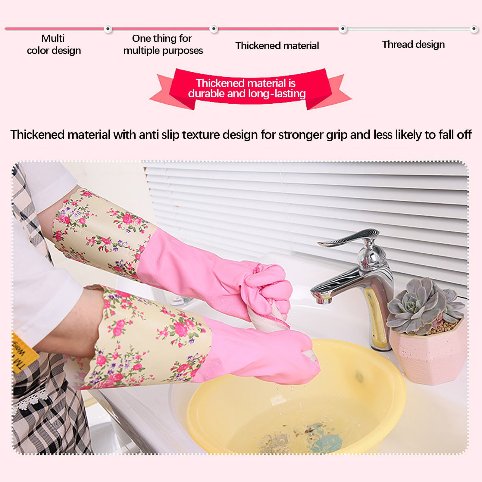 LSLJS Rubber Gloves, Cleaning Gloves, Dishwashing Gloves, Kitchen Gloves for Washing Dishes, Household Reusable Gloves for Cleaning, Dishwasher Safe Flower Print Dish Gloves Medium Pink On Clearance M Purple-PLush - Image 3