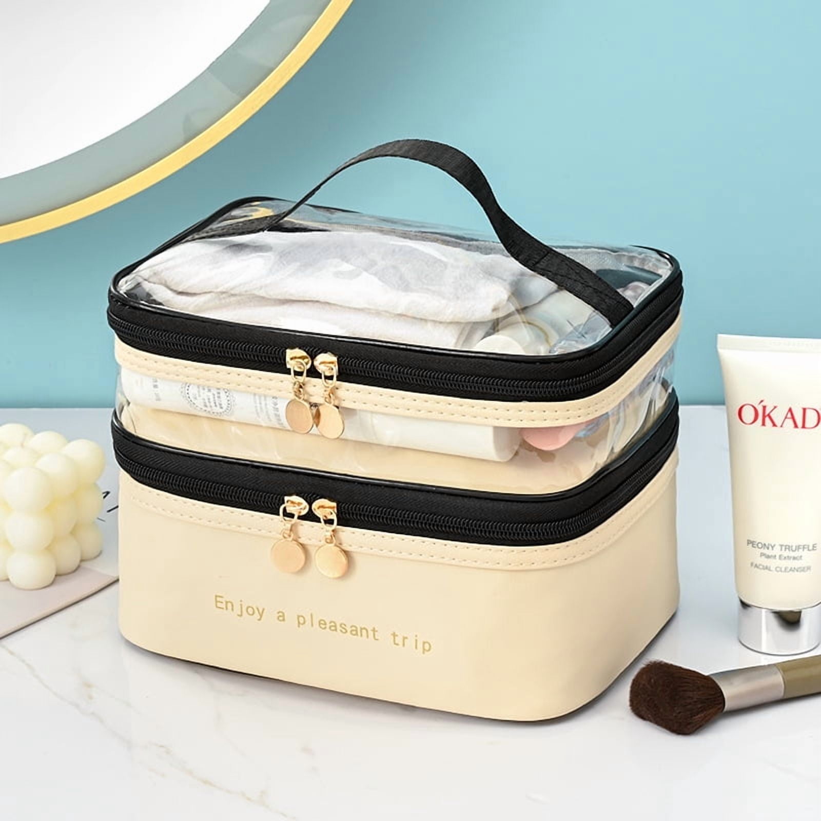 Meiyuuo Makeup Bag Cosmetic Bag Travelling Double Layer Make Up Bag Organizer Medium Case for Women Girls Reusable Toiletry Bags(Blue) Beige - Image 1