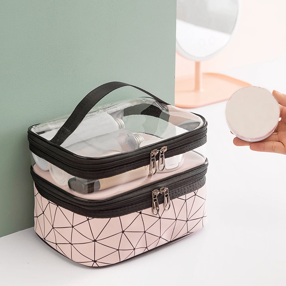 Meiyuuo Makeup Bag Cosmetic Bag Travelling Double Layer Make Up Bag Organizer Medium Case for Women Girls Reusable Toiletry Bags(Blue) Beige - Image 8