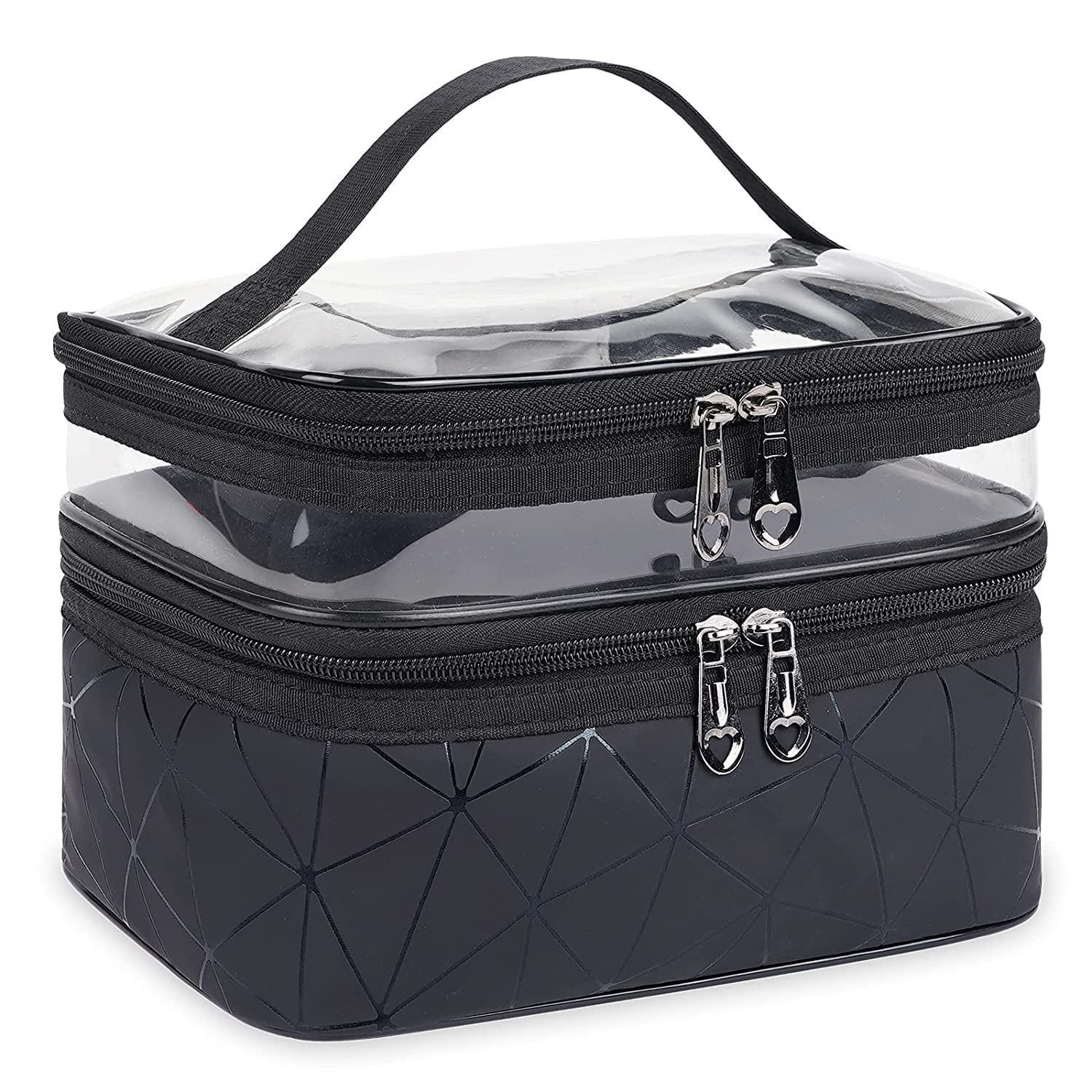 Meiyuuo Makeup Bag Cosmetic Bag Travelling Double Layer Make Up Bag Organizer Medium Case for Women Girls Reusable Toiletry Bags(Blue) Black - Image 1