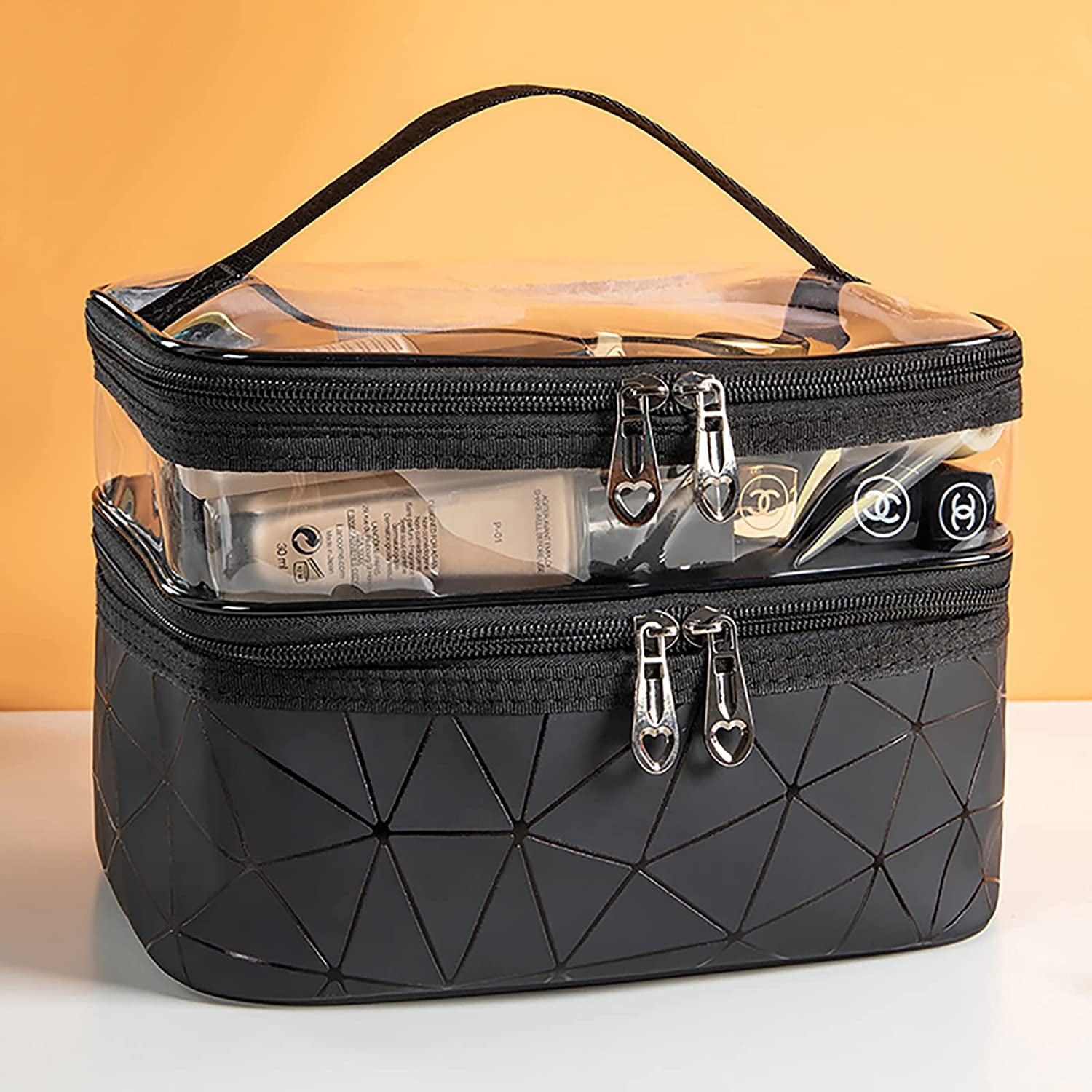 Meiyuuo Makeup Bag Cosmetic Bag Travelling Double Layer Make Up Bag Organizer Medium Case for Women Girls Reusable Toiletry Bags(Blue) Black - Image 2