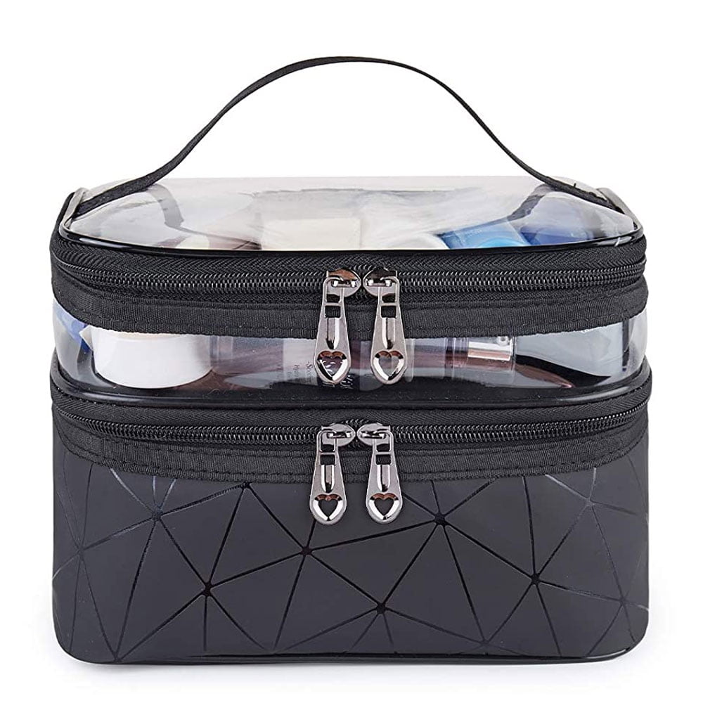 Meiyuuo Makeup Bag Cosmetic Bag Travelling Double Layer Make Up Bag Organizer Medium Case for Women Girls Reusable Toiletry Bags(Blue) Black - Image 4