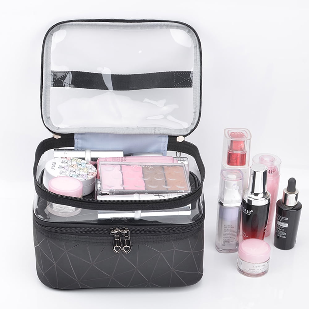 Meiyuuo Makeup Bag Cosmetic Bag Travelling Double Layer Make Up Bag Organizer Medium Case for Women Girls Reusable Toiletry Bags(Blue) Black - Image 5