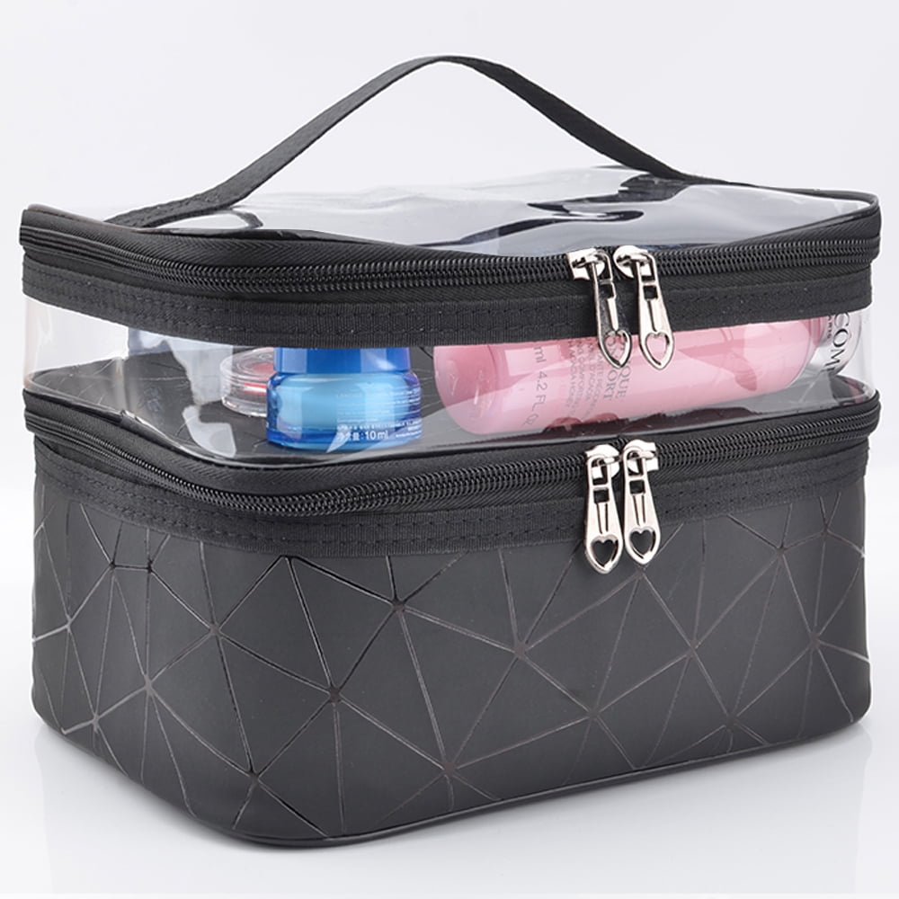 Meiyuuo Makeup Bag Cosmetic Bag Travelling Double Layer Make Up Bag Organizer Medium Case for Women Girls Reusable Toiletry Bags(Blue) Black - Image 6