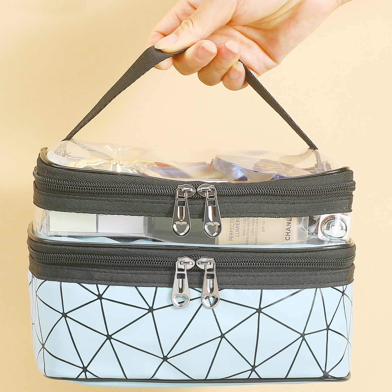 Meiyuuo Makeup Bag Cosmetic Bag Travelling Double Layer Make Up Bag Organizer Medium Case for Women Girls Reusable Toiletry Bags(Blue) Blue - Image 2
