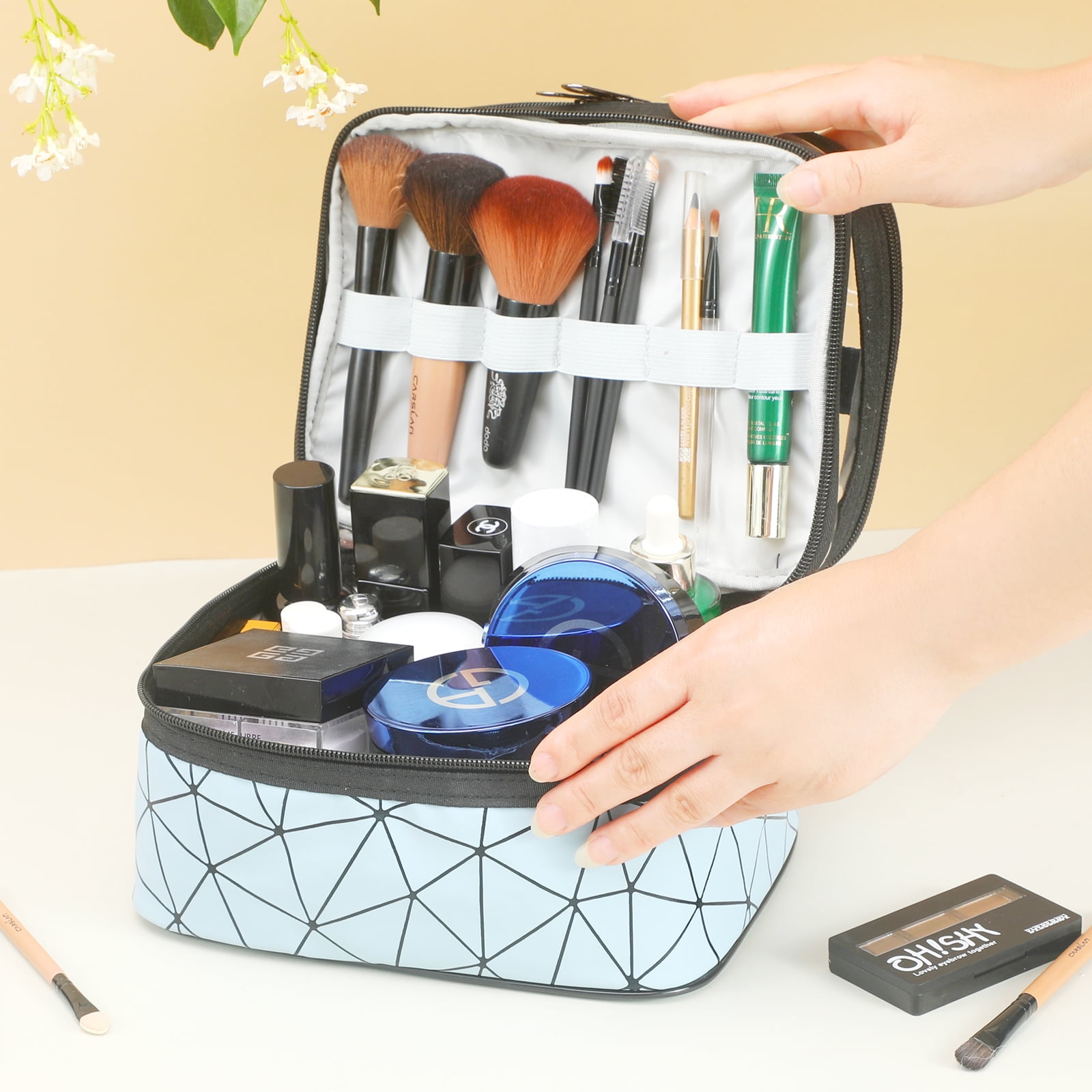 Meiyuuo Makeup Bag Cosmetic Bag Travelling Double Layer Make Up Bag Organizer Medium Case for Women Girls Reusable Toiletry Bags(Blue) Blue - Image 5