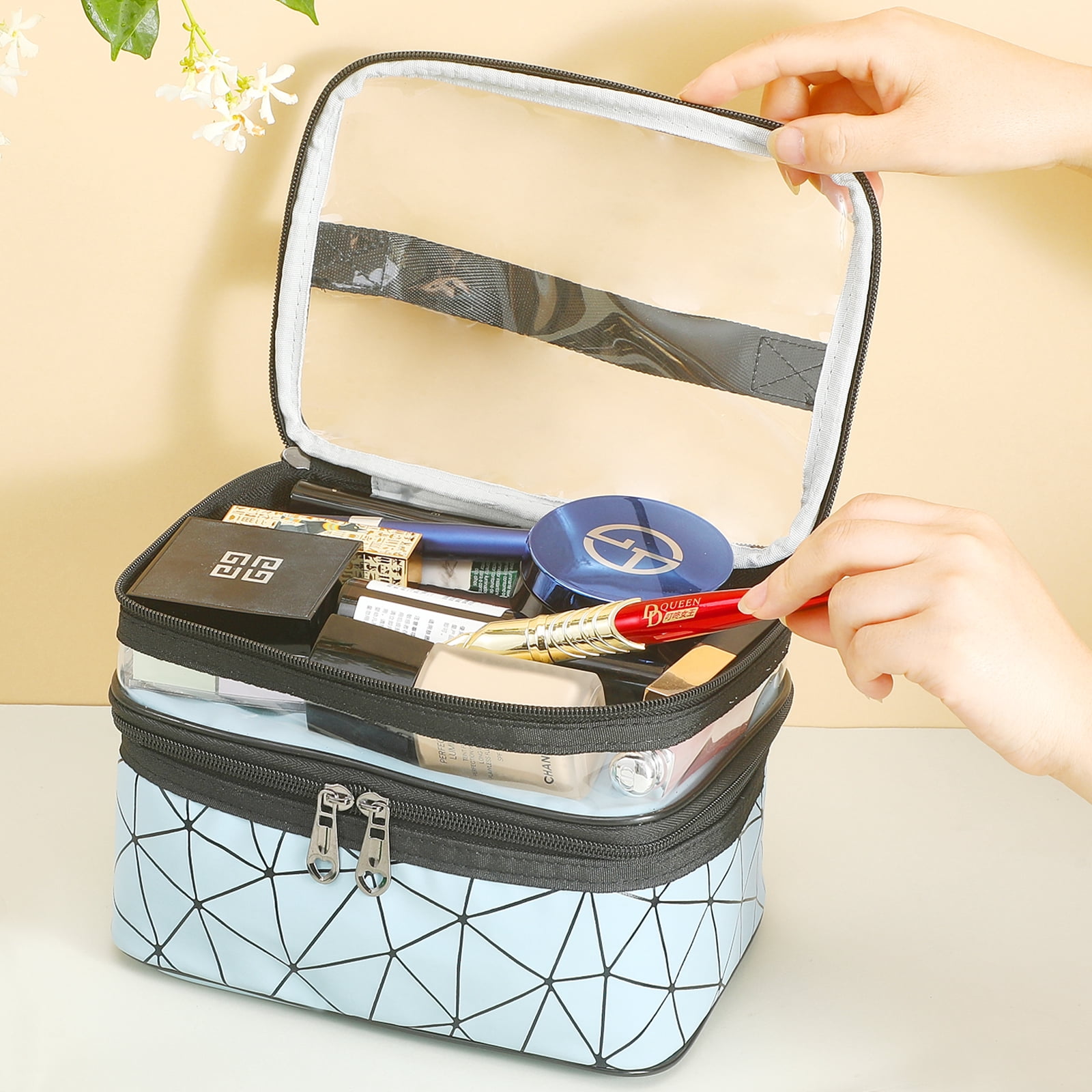 Meiyuuo Makeup Bag Cosmetic Bag Travelling Double Layer Make Up Bag Organizer Medium Case for Women Girls Reusable Toiletry Bags(Blue) Blue - Image 8