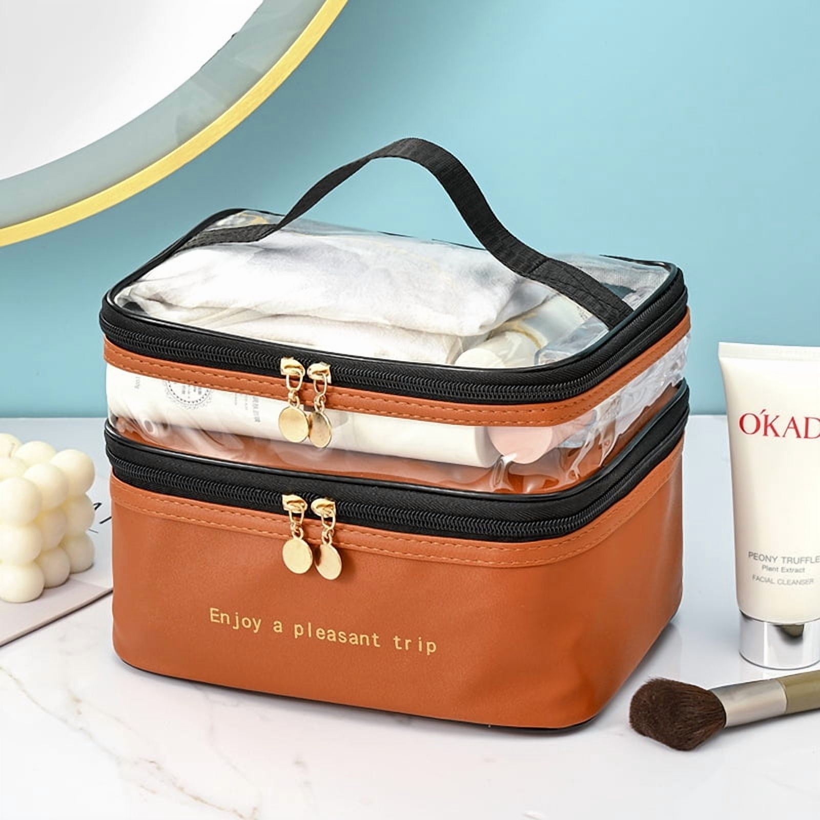 Meiyuuo Makeup Bag Cosmetic Bag Travelling Double Layer Make Up Bag Organizer Medium Case for Women Girls Reusable Toiletry Bags(Blue) Brown - Image 1