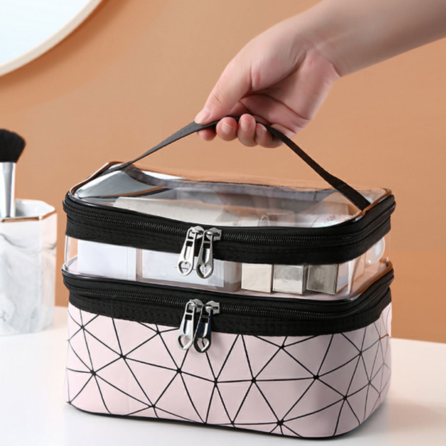 Meiyuuo Makeup Bag Cosmetic Bag Travelling Double Layer Make Up Bag Organizer Medium Case for Women Girls Reusable Toiletry Bags(Blue) Cow Print - Image 7