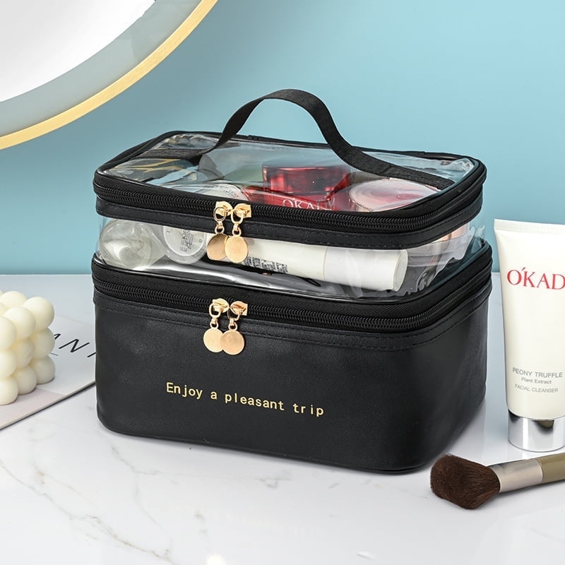 Meiyuuo Makeup Bag Cosmetic Bag Travelling Double Layer Make Up Bag Organizer Medium Case for Women Girls Reusable Toiletry Bags(Blue) Dark Black - Image 1
