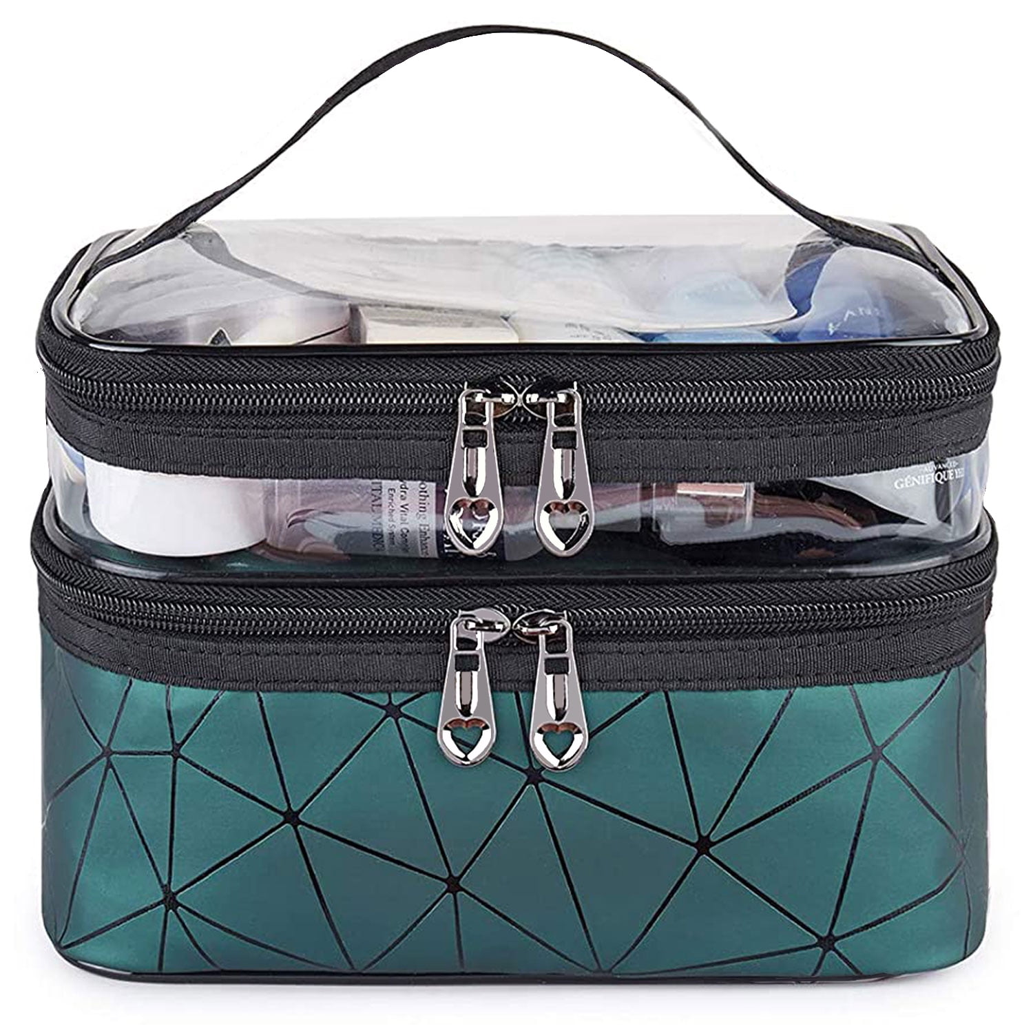 Meiyuuo Makeup Bag Cosmetic Bag Travelling Double Layer Make Up Bag Organizer Medium Case for Women Girls Reusable Toiletry Bags(Blue) Green - Image 2
