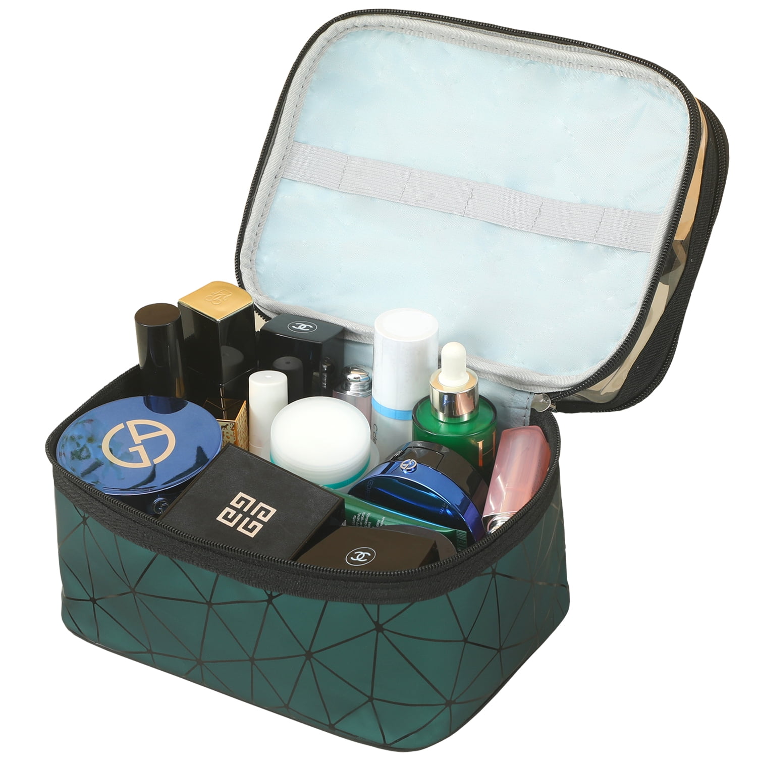 Meiyuuo Makeup Bag Cosmetic Bag Travelling Double Layer Make Up Bag Organizer Medium Case for Women Girls Reusable Toiletry Bags(Blue) Green - Image 3