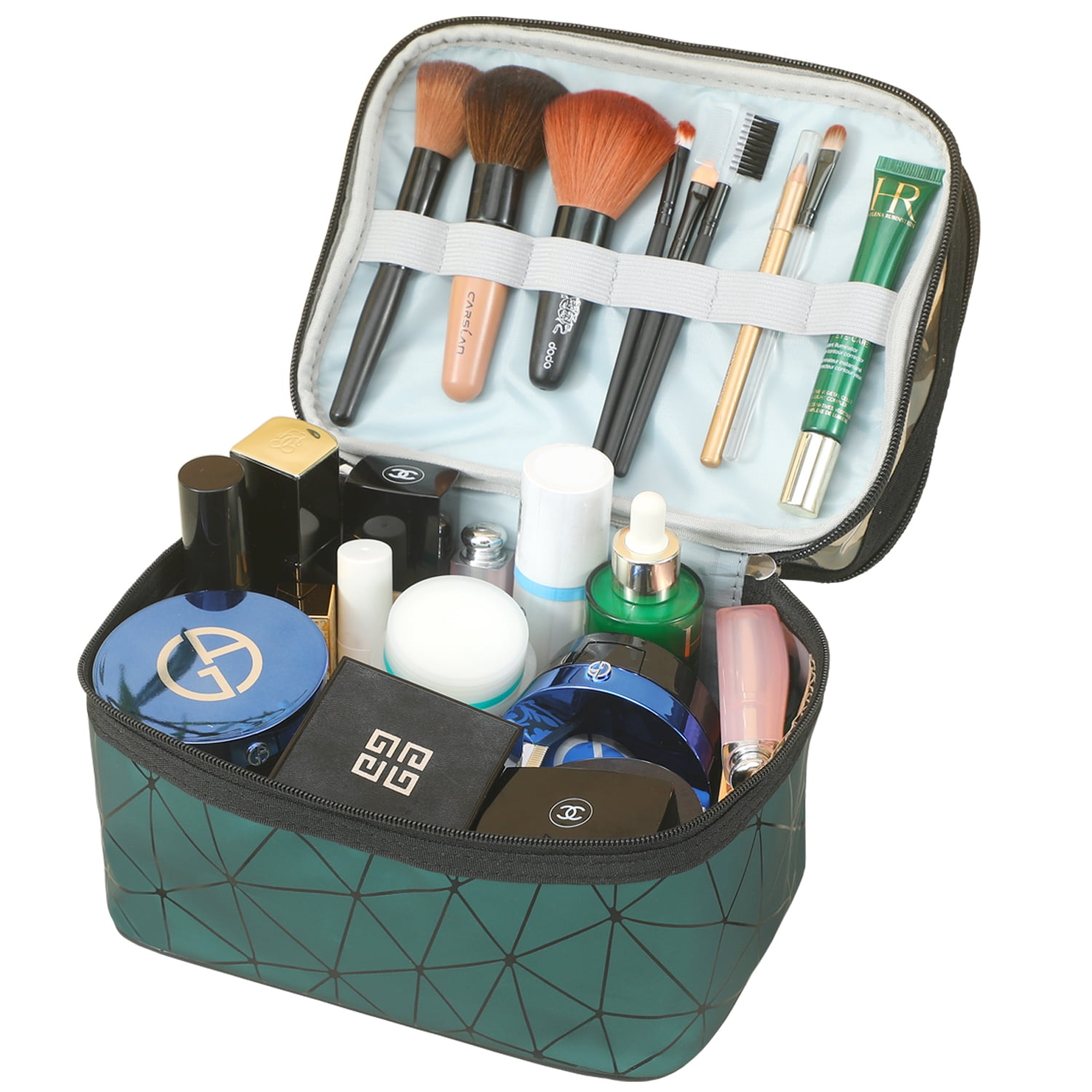 Meiyuuo Makeup Bag Cosmetic Bag Travelling Double Layer Make Up Bag Organizer Medium Case for Women Girls Reusable Toiletry Bags(Blue) Green - Image 5