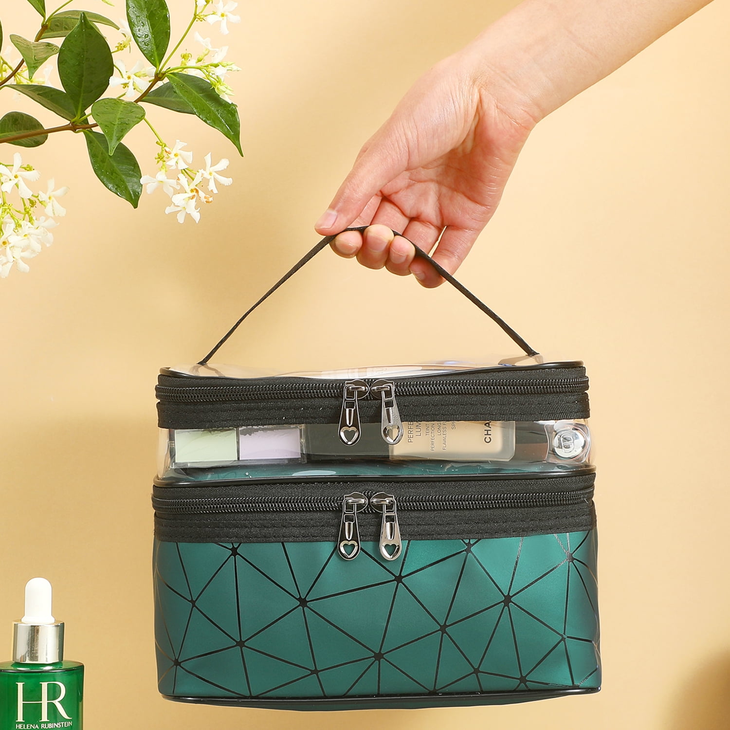 Meiyuuo Makeup Bag Cosmetic Bag Travelling Double Layer Make Up Bag Organizer Medium Case for Women Girls Reusable Toiletry Bags(Blue) Green - Image 6