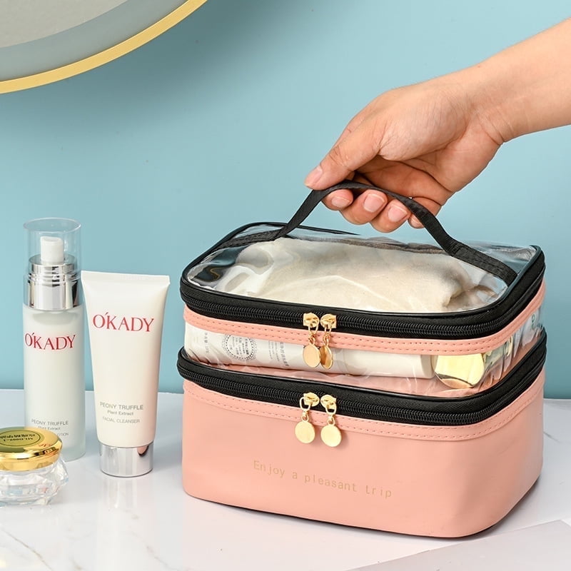 Meiyuuo Makeup Bag Cosmetic Bag Travelling Double Layer Make Up Bag Organizer Medium Case for Women Girls Reusable Toiletry Bags(Blue) Light Pink - Image 1