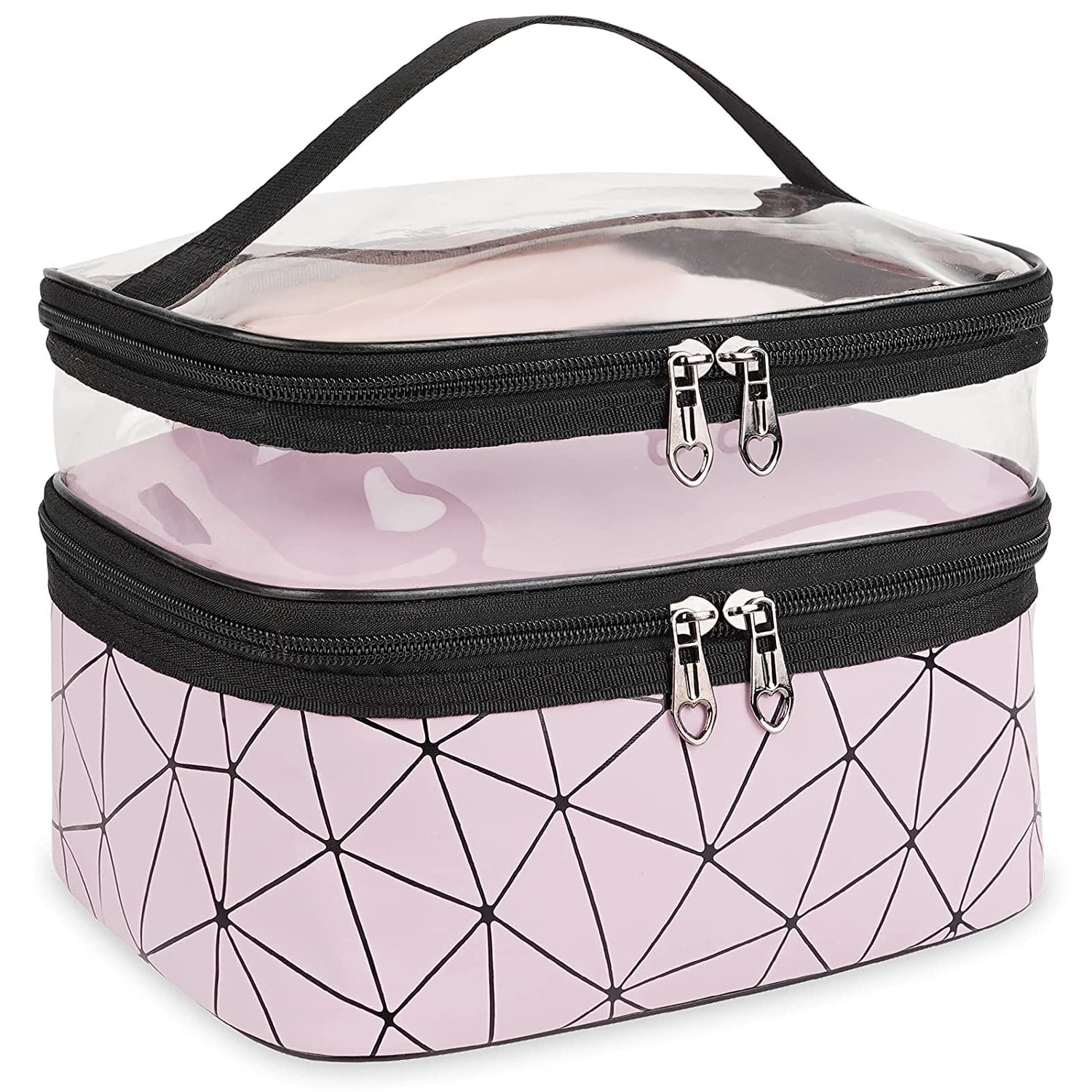 Meiyuuo Makeup Bag Cosmetic Bag Travelling Double Layer Make Up Bag Organizer Medium Case for Women Girls Reusable Toiletry Bags(Blue) Light Pink - Image 3